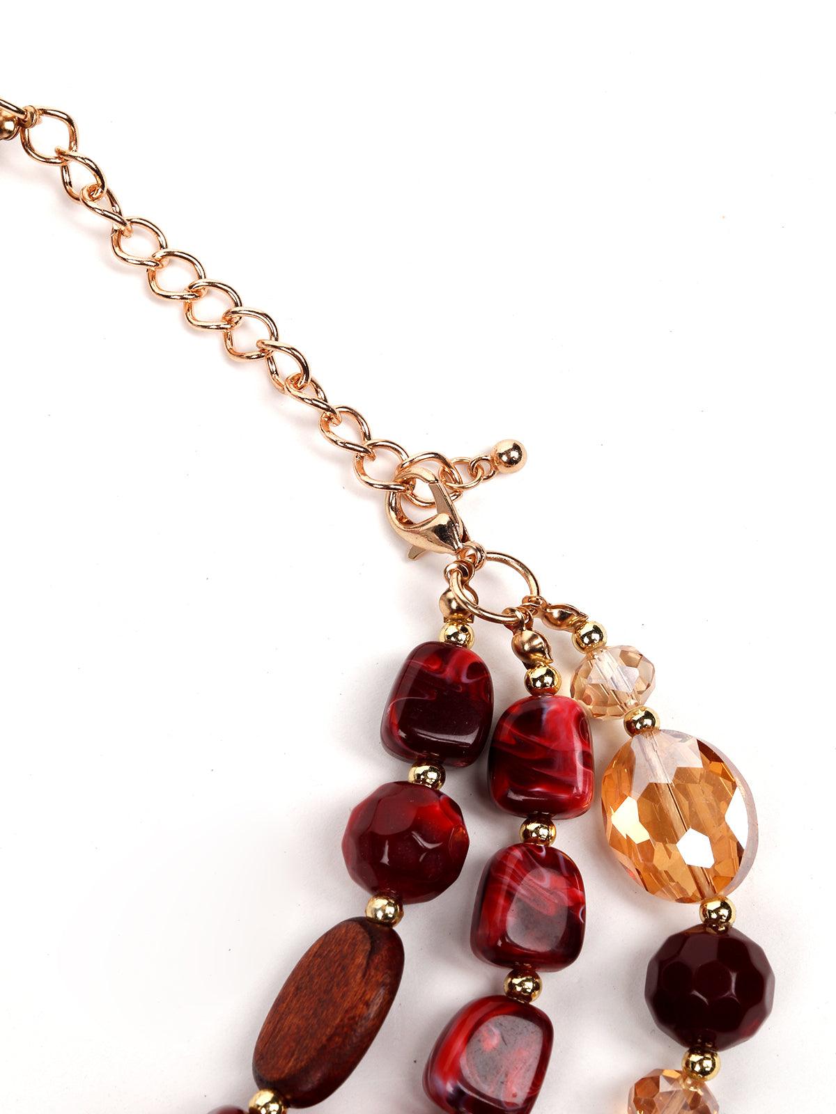 Women's Multi-Layered Red Stone Embellished Statement Necklace - Odette