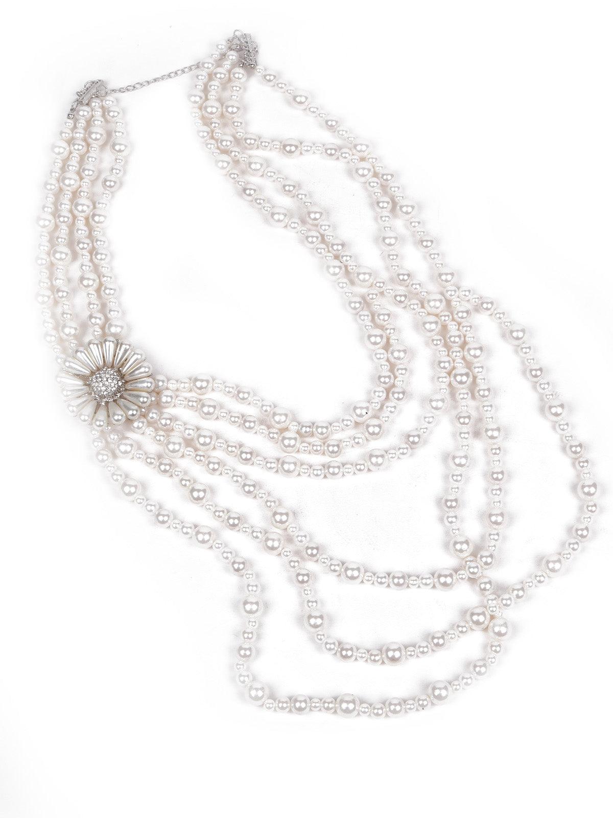 Women's Multi-Layered White Pearl Necklace A Cute Flower - Odette