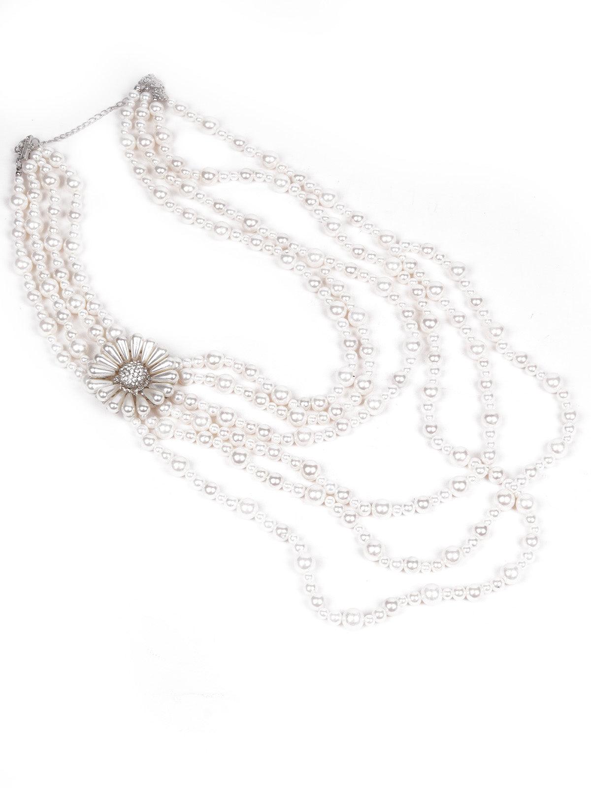 Women's Multi-Layered White Pearl Necklace A Cute Flower - Odette