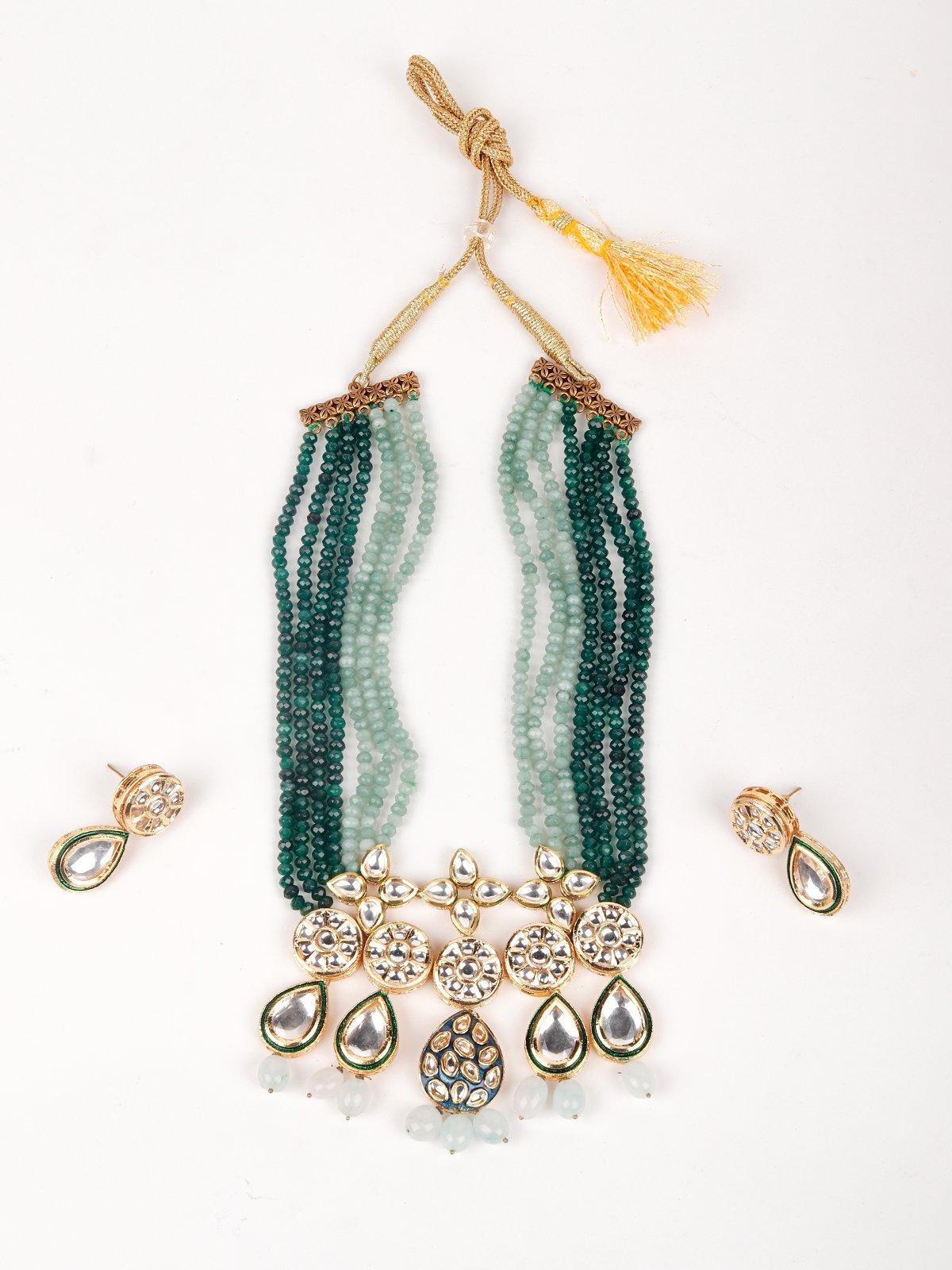 Women's Multi-Strand Beaded Dark And Light Green Shaded Necklace Set - Odette