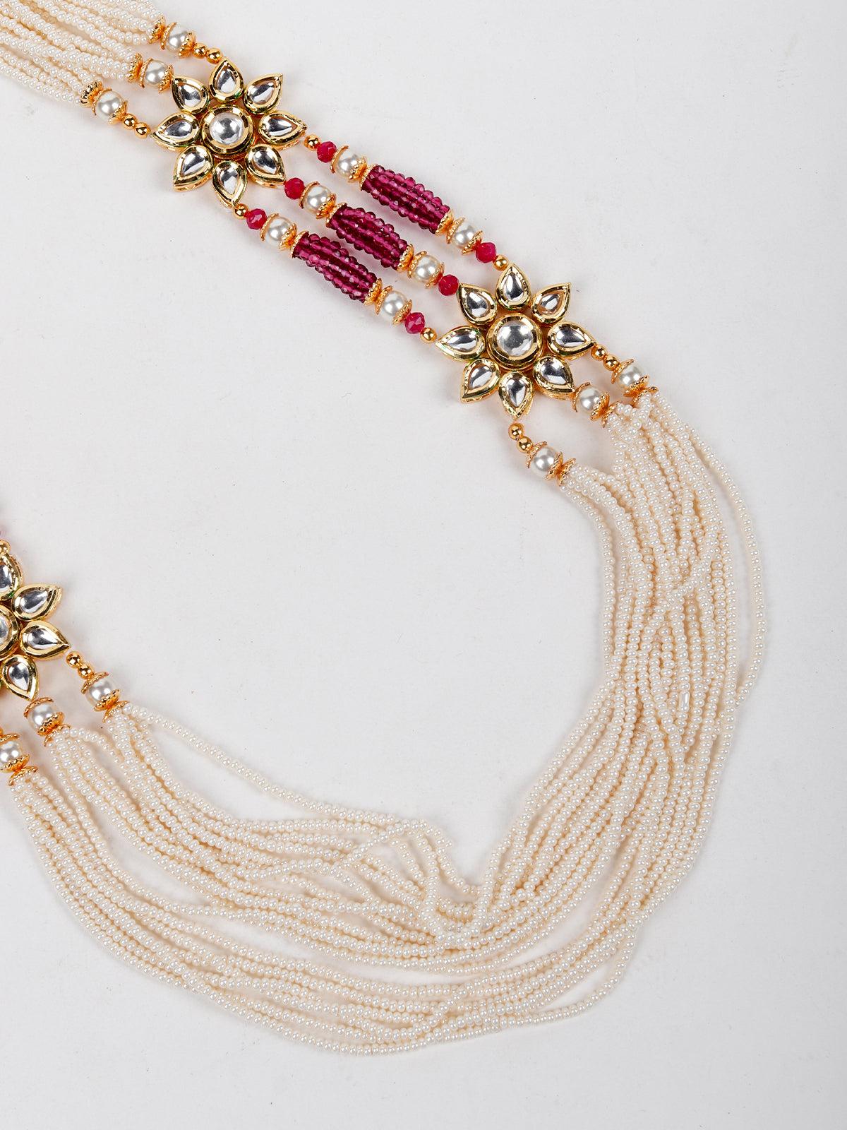 Women's Multi String White Beaded With Kundan Work Necklace Set - Odette