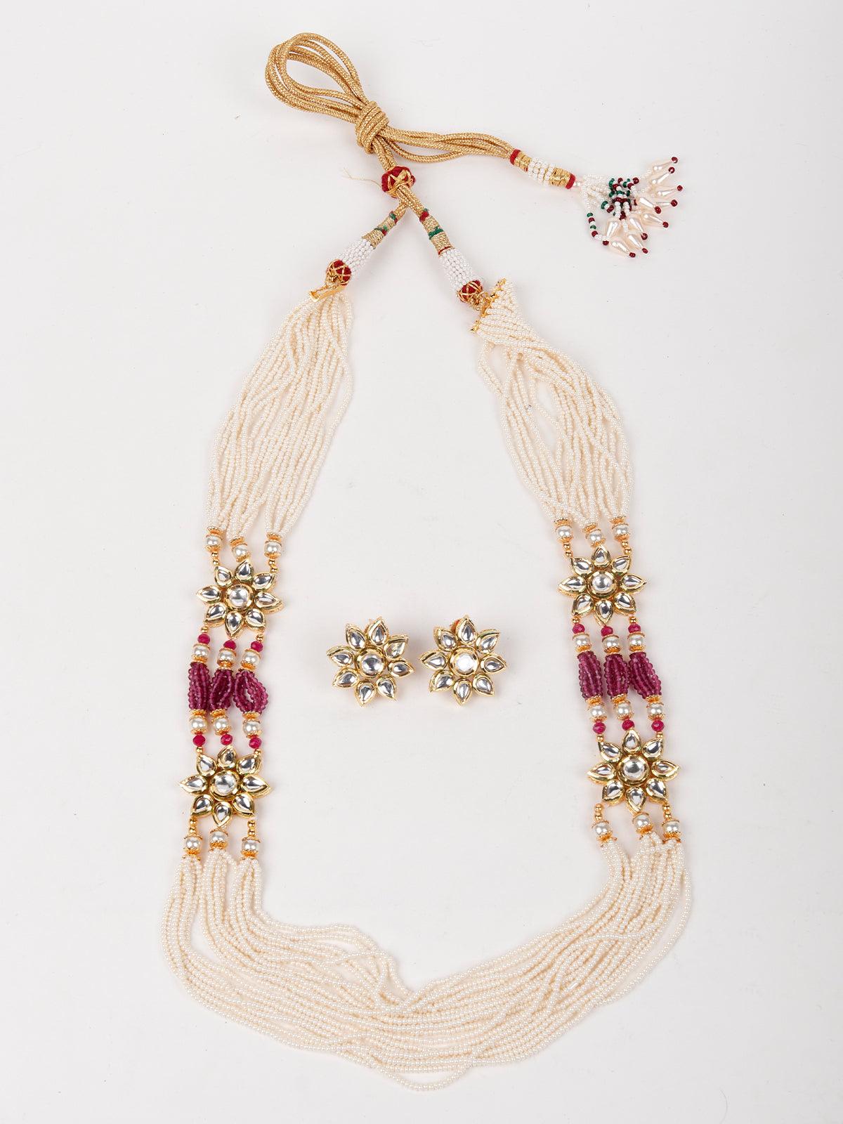 Women's Multi String White Beaded With Kundan Work Necklace Set - Odette