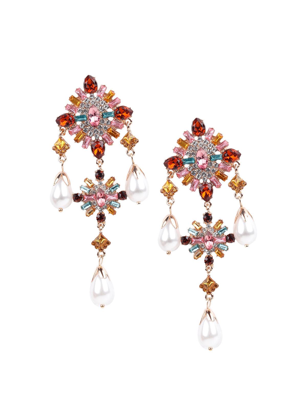 Women's Multicolour Faux Crystal Embellished Drop Statement Earrings - Odette