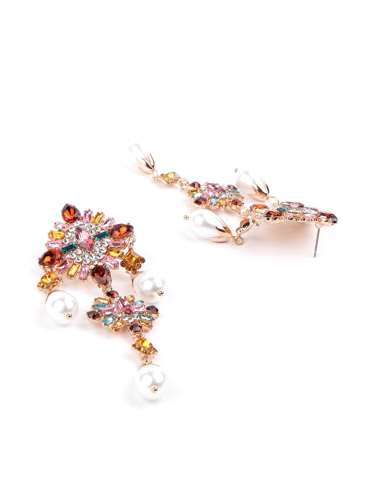 Women's Multicolour Faux Crystal Embellished Drop Statement Earrings - Odette