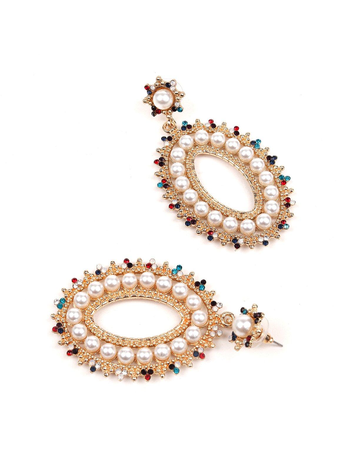 Women's Multicolour Moti Metallic Gold Drop Hoop Earrings - Odette