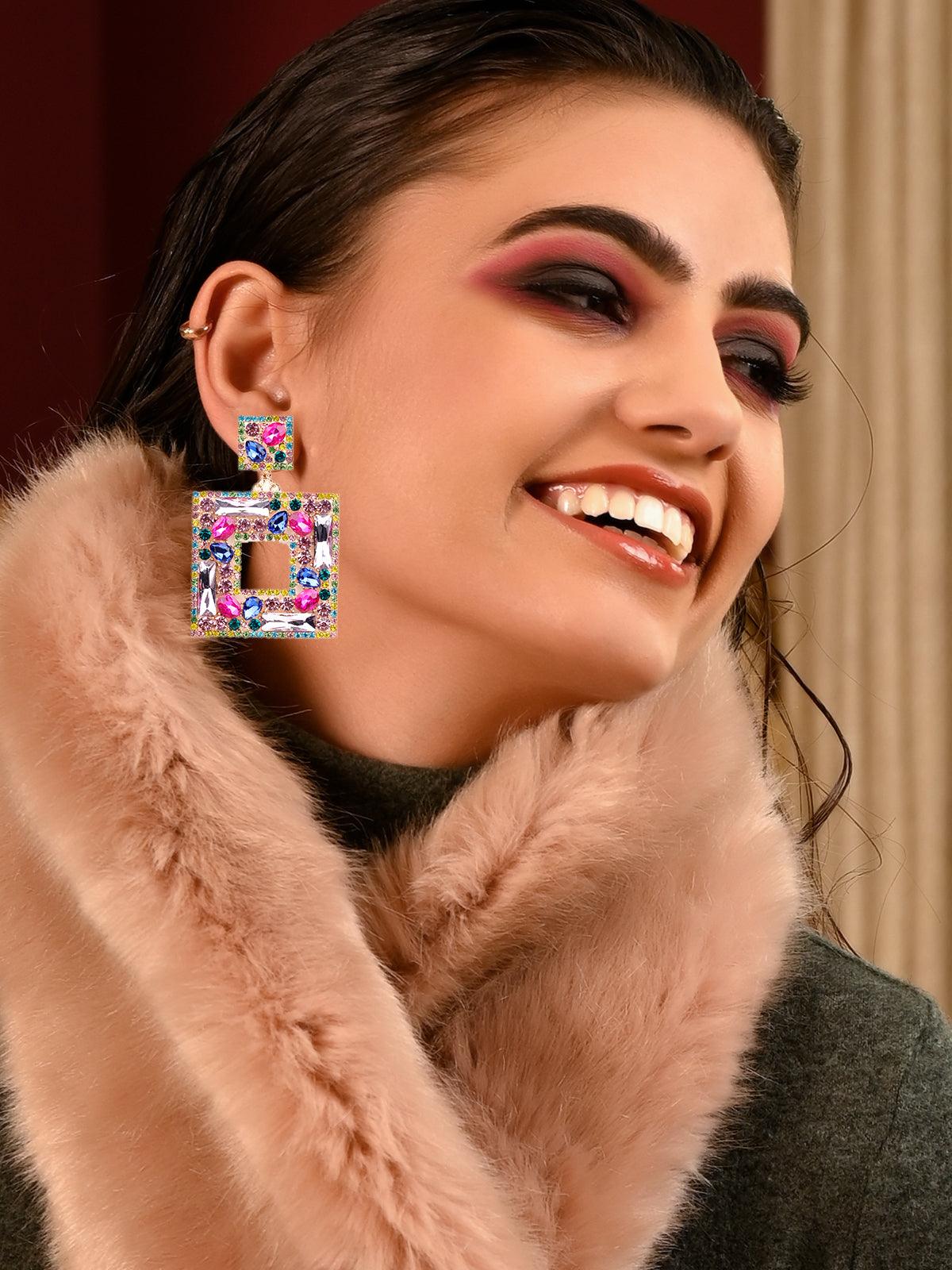 Women's Multicolour Sqaure Shaped Drop Earrings - Odette