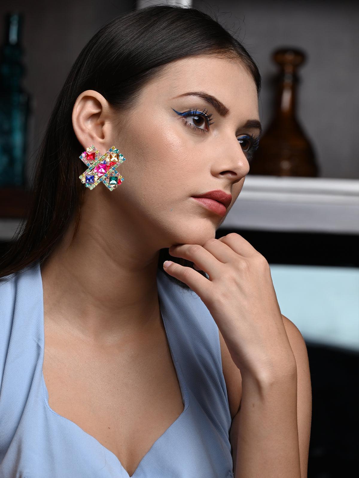 Women's Multicoloured Gemstone Embellished Earrings - Odette