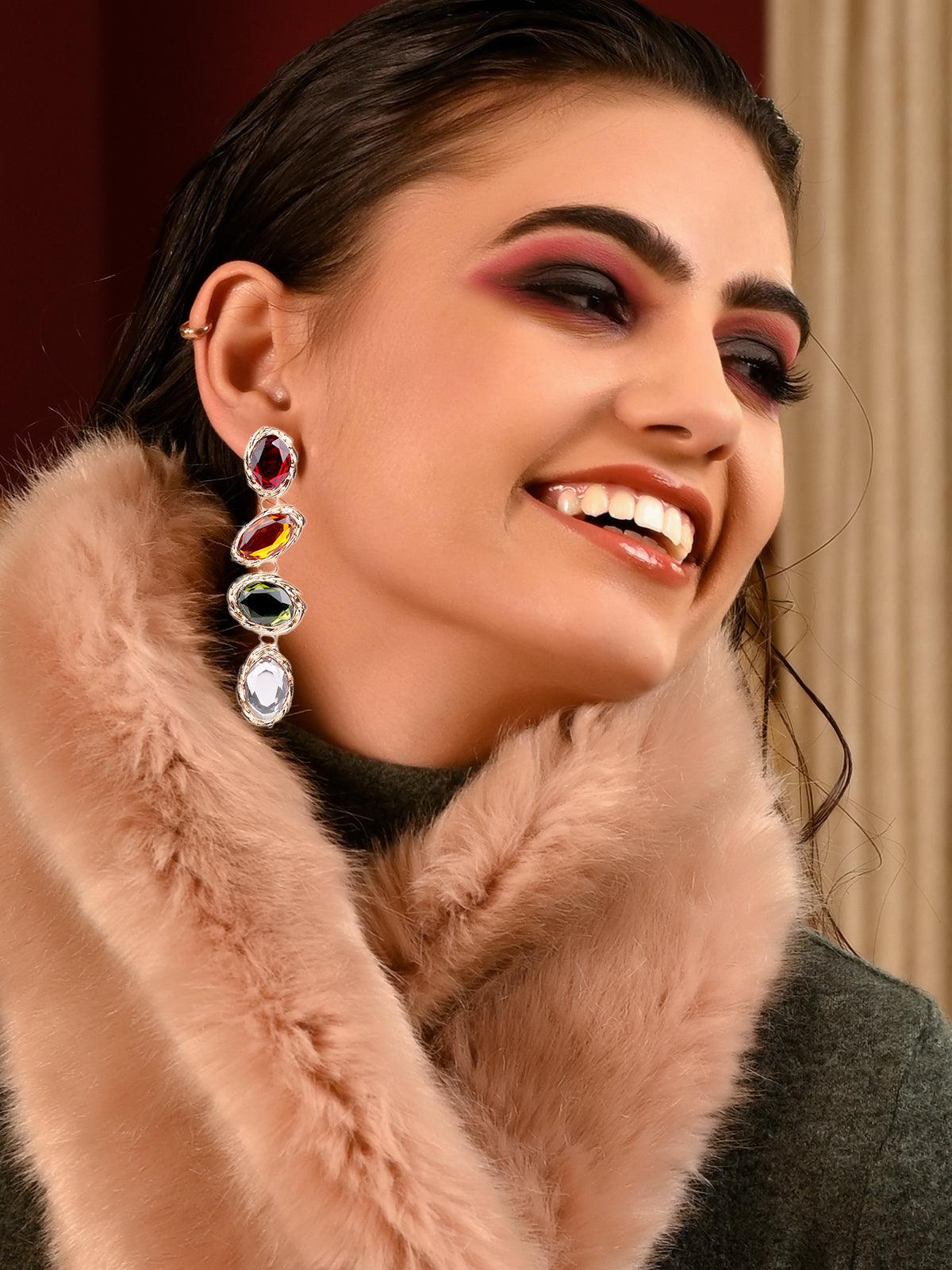 Women's Multicoloured Lined Stunning Statement Drop Earrings - Odette