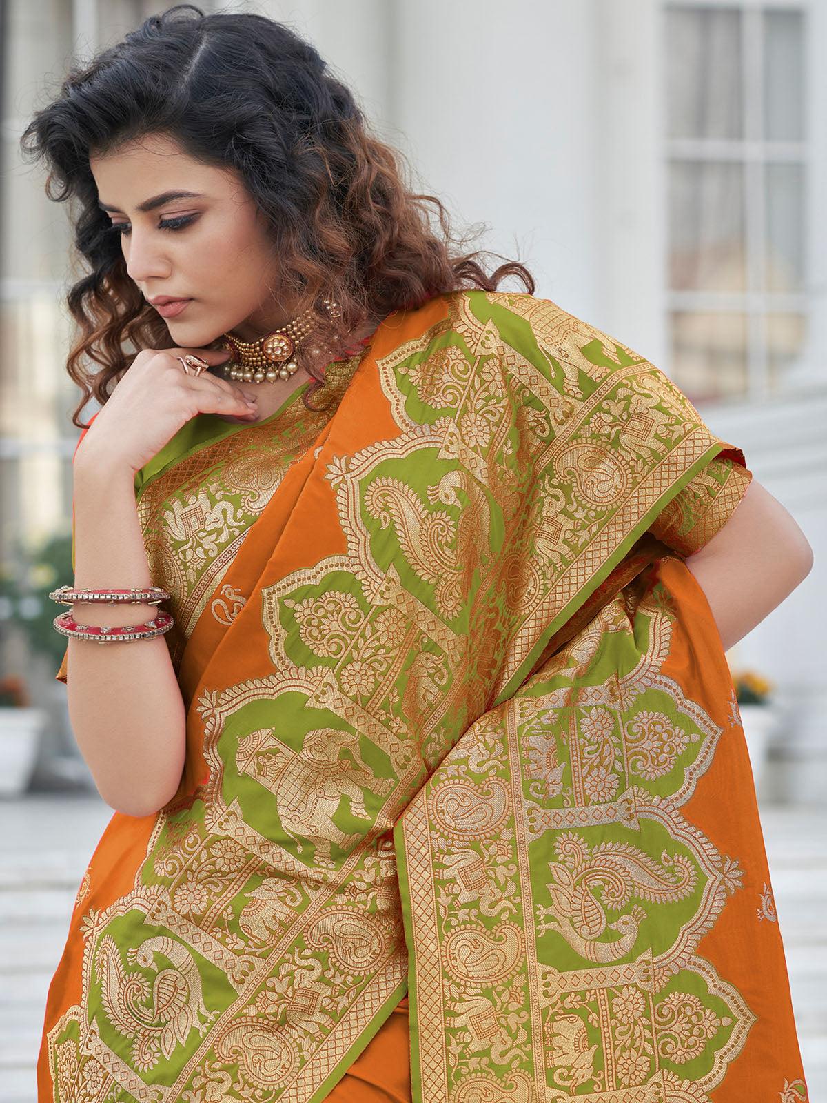 Women's Mustard Banarasi Silk Heavy Jari Designer Saree - Odette