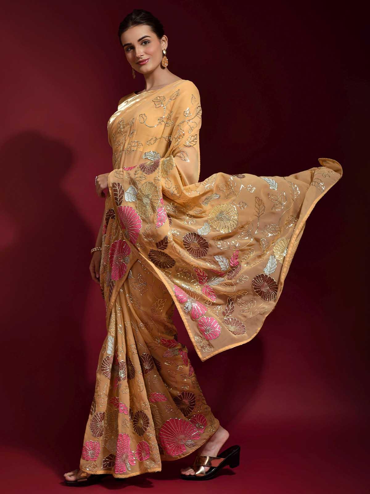 Women's Mustard Banglori Silk Embroidered Saree With Blouse - Odette