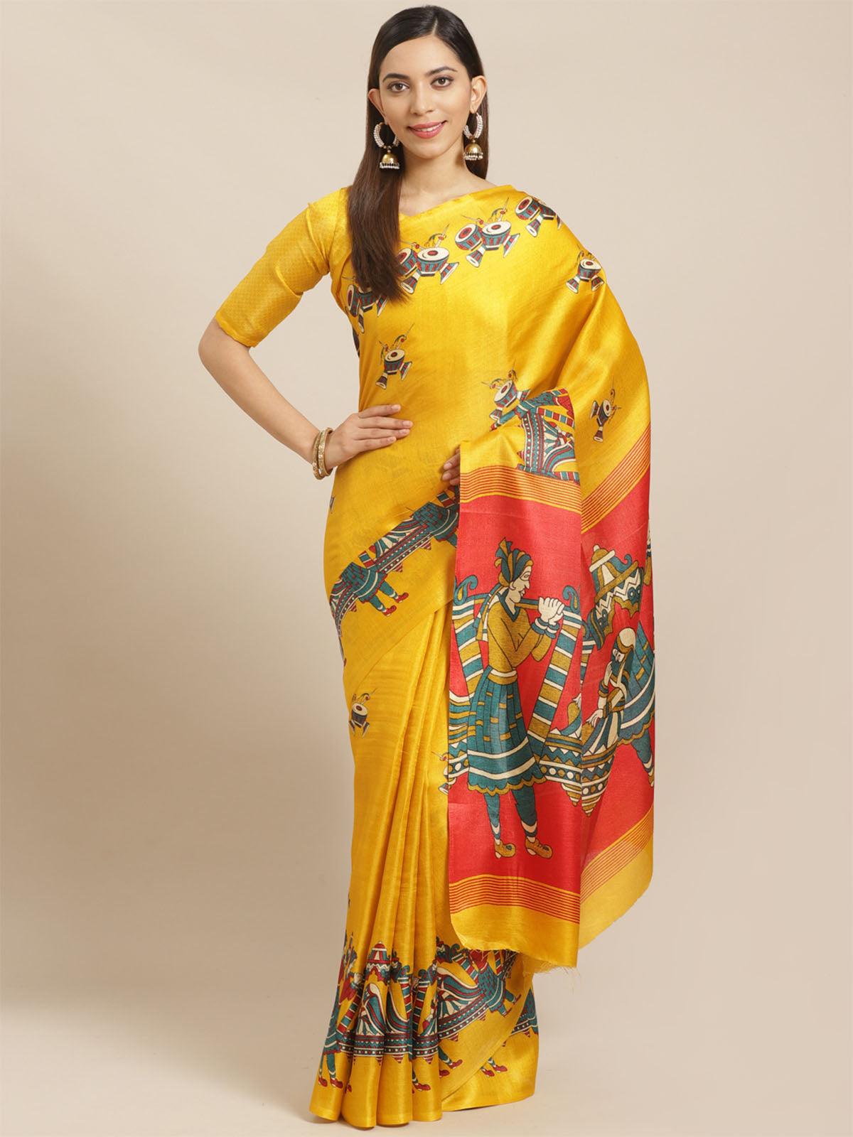 Women's Mustard Casual Bhagalpuri Printed Saree With Unstitched Blouse - Odette