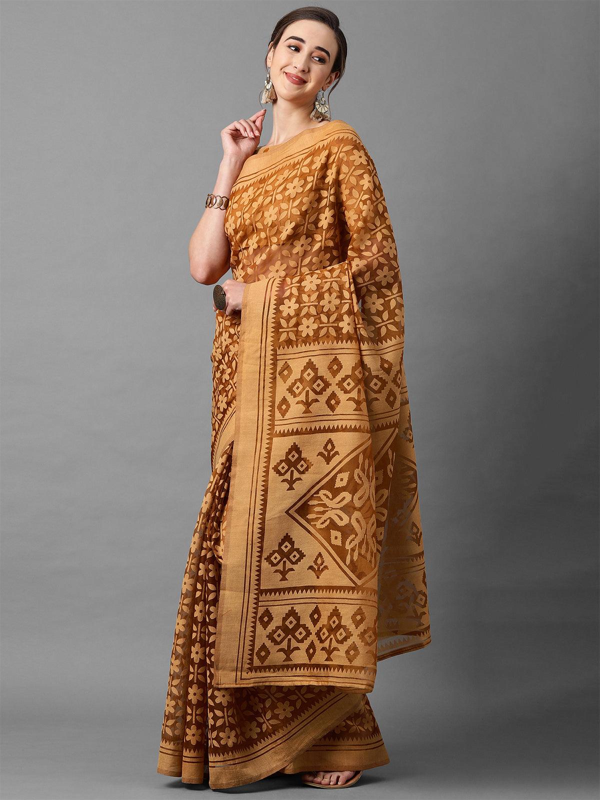 Women's Mustard Casual Brasso Printed Saree With Unstitched Blouse - Odette