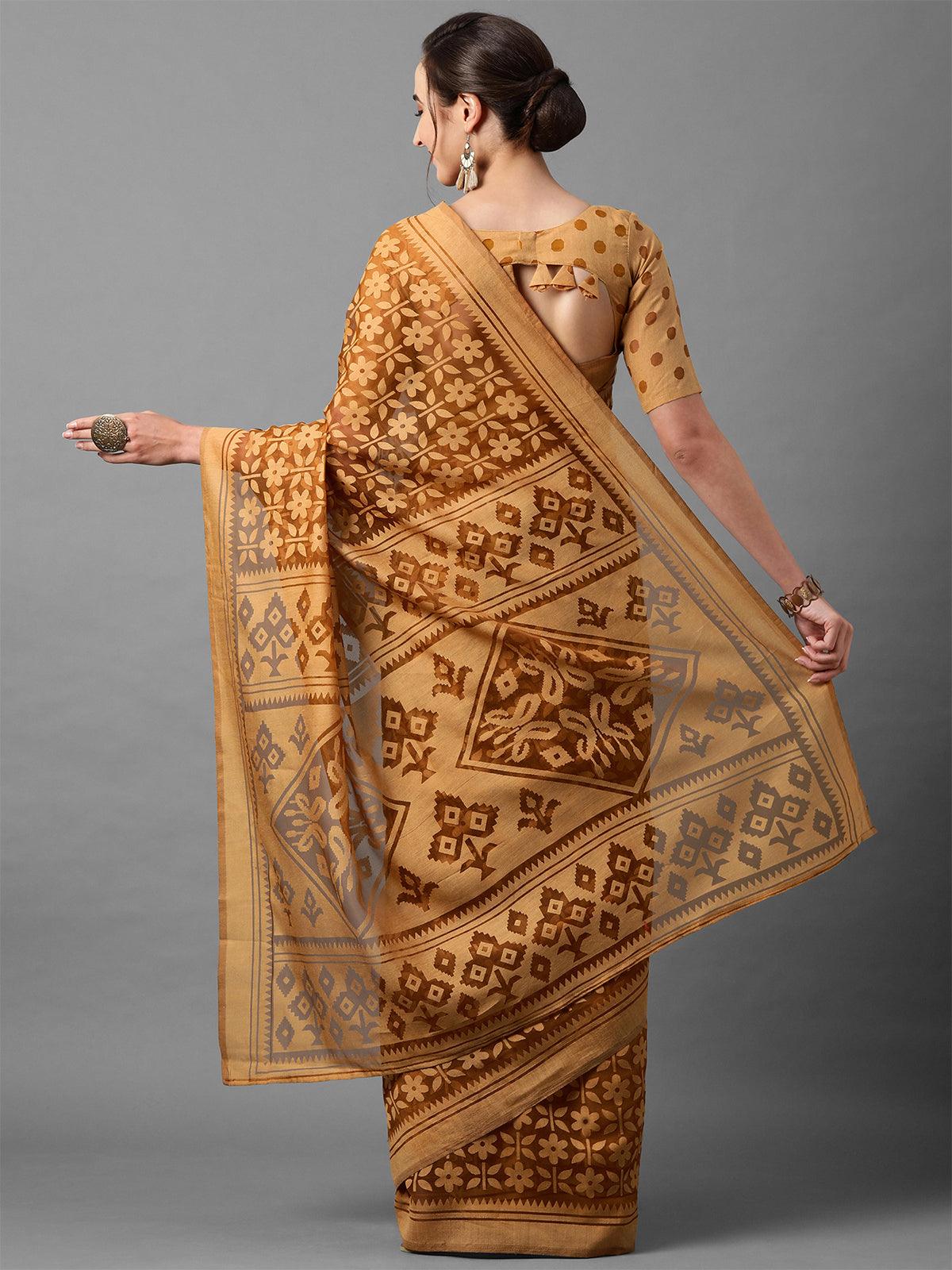 Women's Mustard Casual Brasso Printed Saree With Unstitched Blouse - Odette