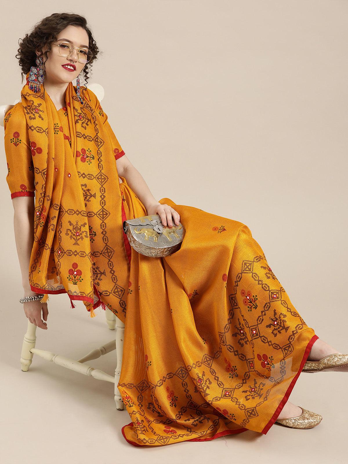 Women's Mustard Casual Jute Silk Printed Saree With Unstitched Blouse - Odette