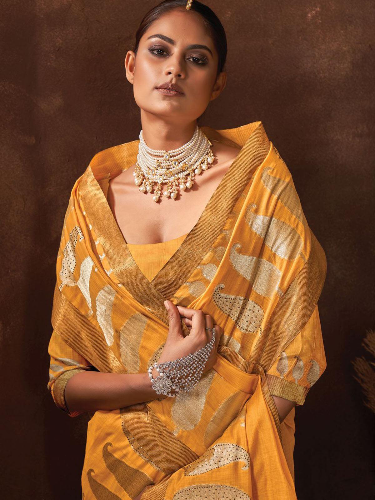 Women's Mustard Heavy Woven Cotton Saree - Odette