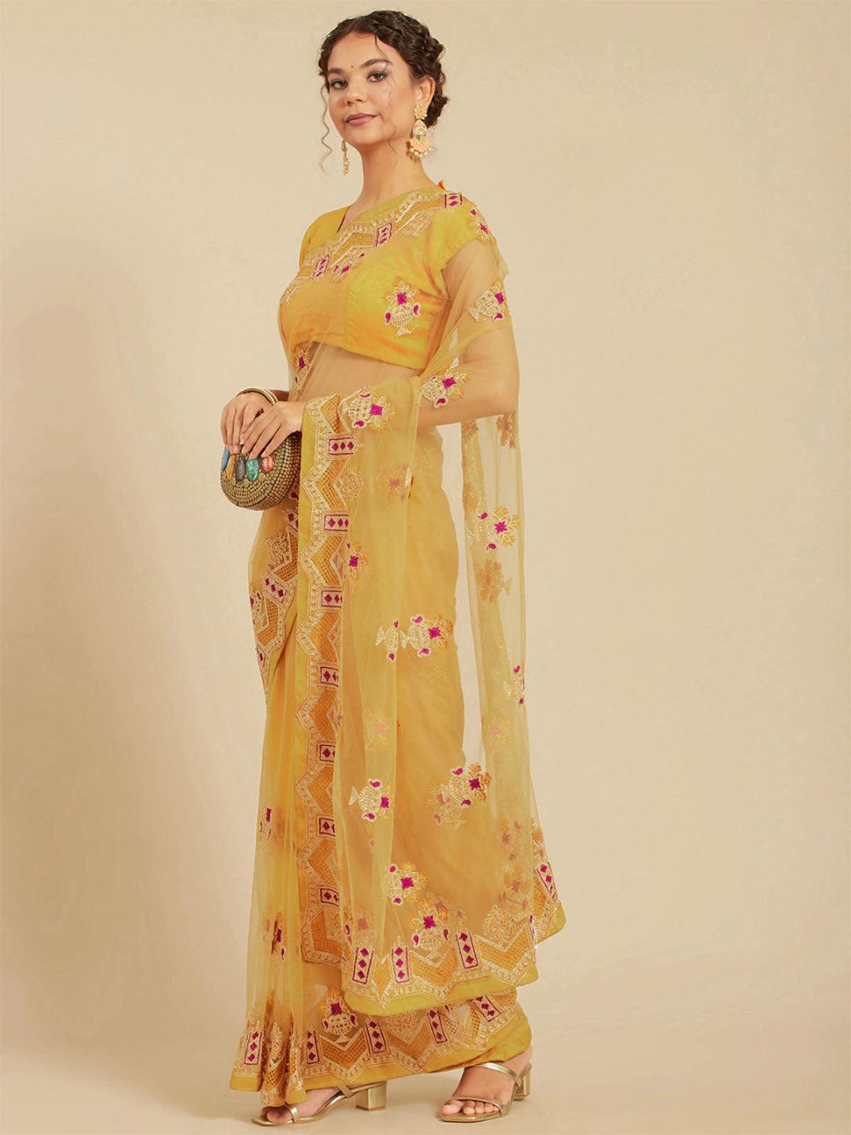 Women's Mustard Net Embroidered Saree With Blouse Piece - Odette