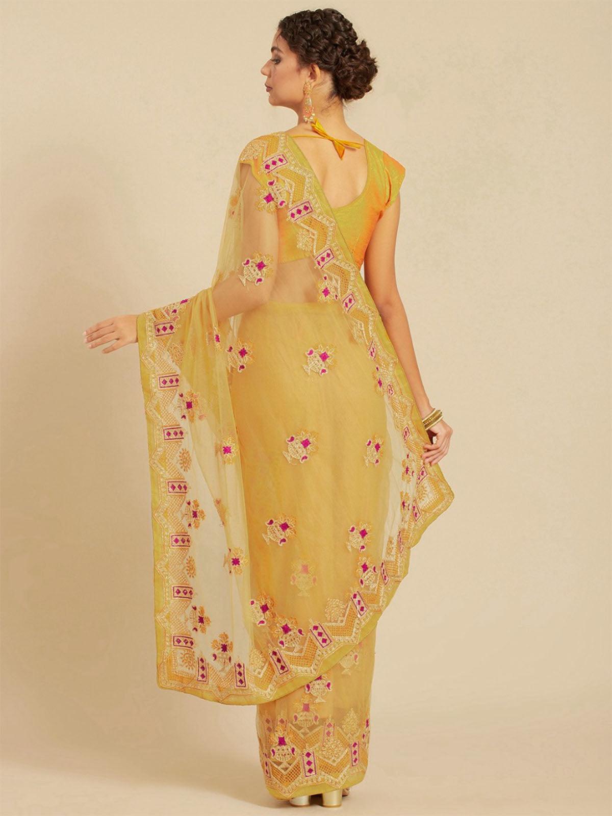 Women's Mustard Net Embroidered Saree With Blouse Piece - Odette