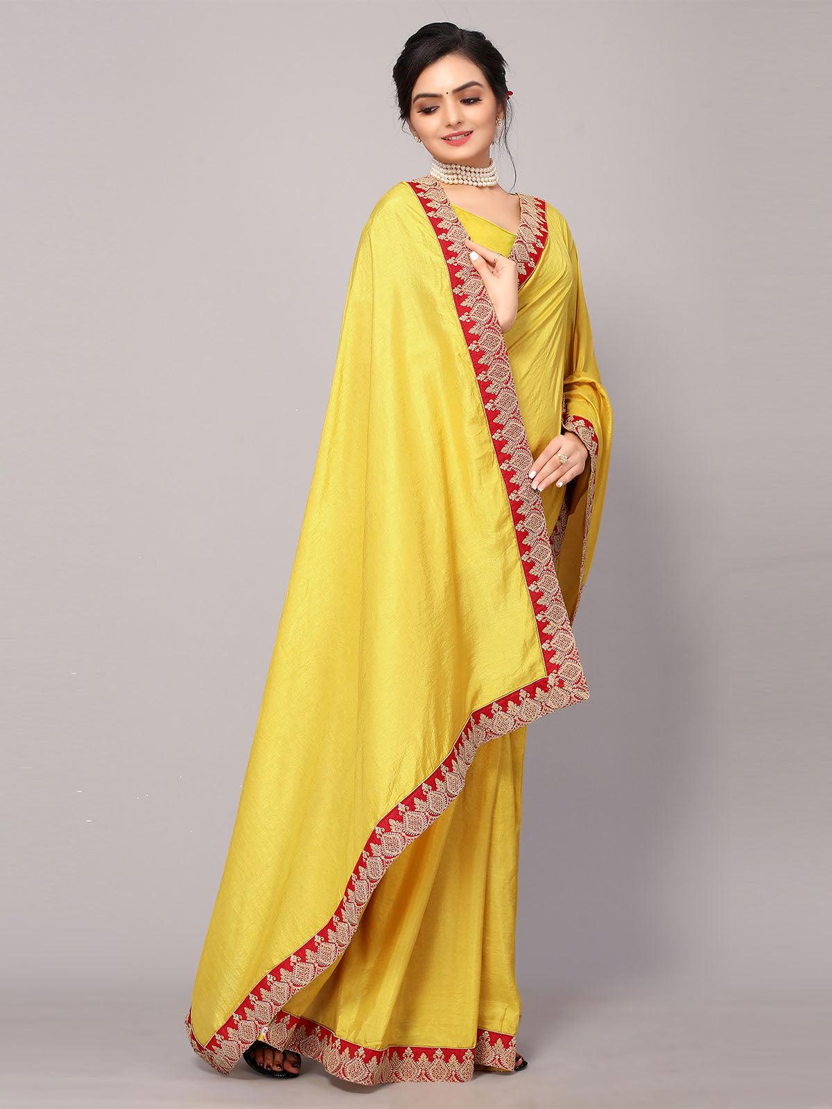 Women's Mustard Poly Silk Embroidery Border Work Saree With Blouse - Odette