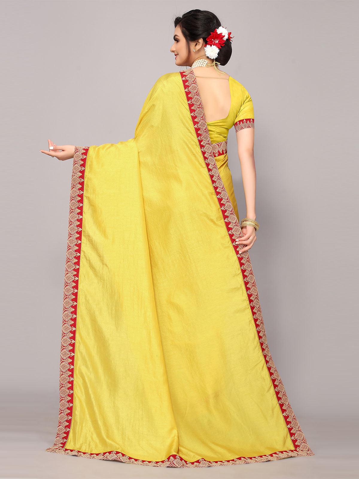 Women's Mustard Poly Silk Embroidery Border Work Saree With Blouse - Odette