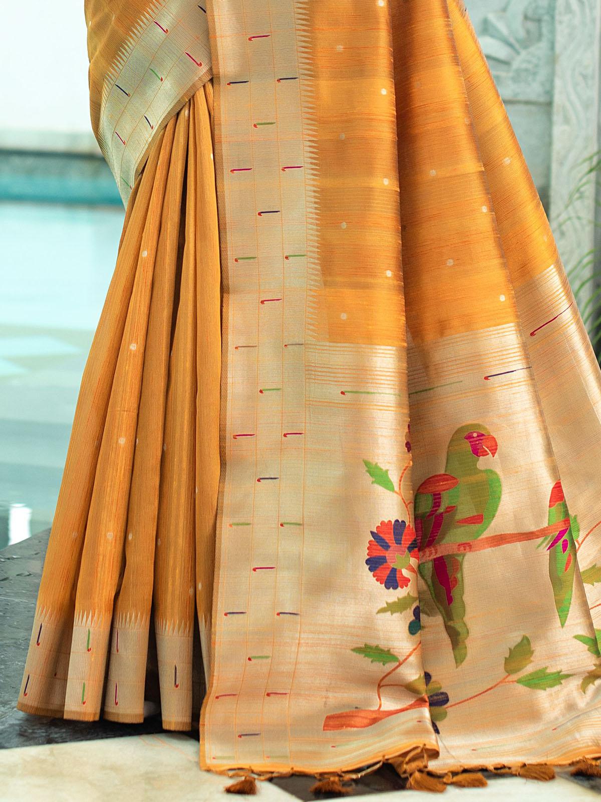 Women's Mustard Tussar Silk Paithani Saree - Odette