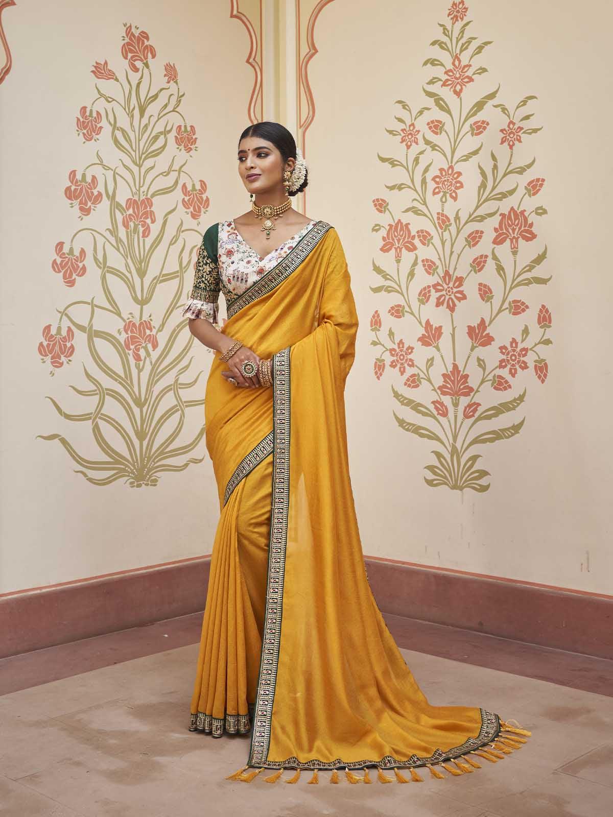 Women's Mustard Two Tone Vichitra Silk Embroidered Saree With Blouse - Odette