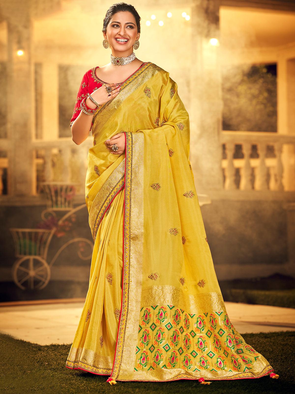 Women's Mustard Viscose Abstract Designer Saree With Blouse - Odette