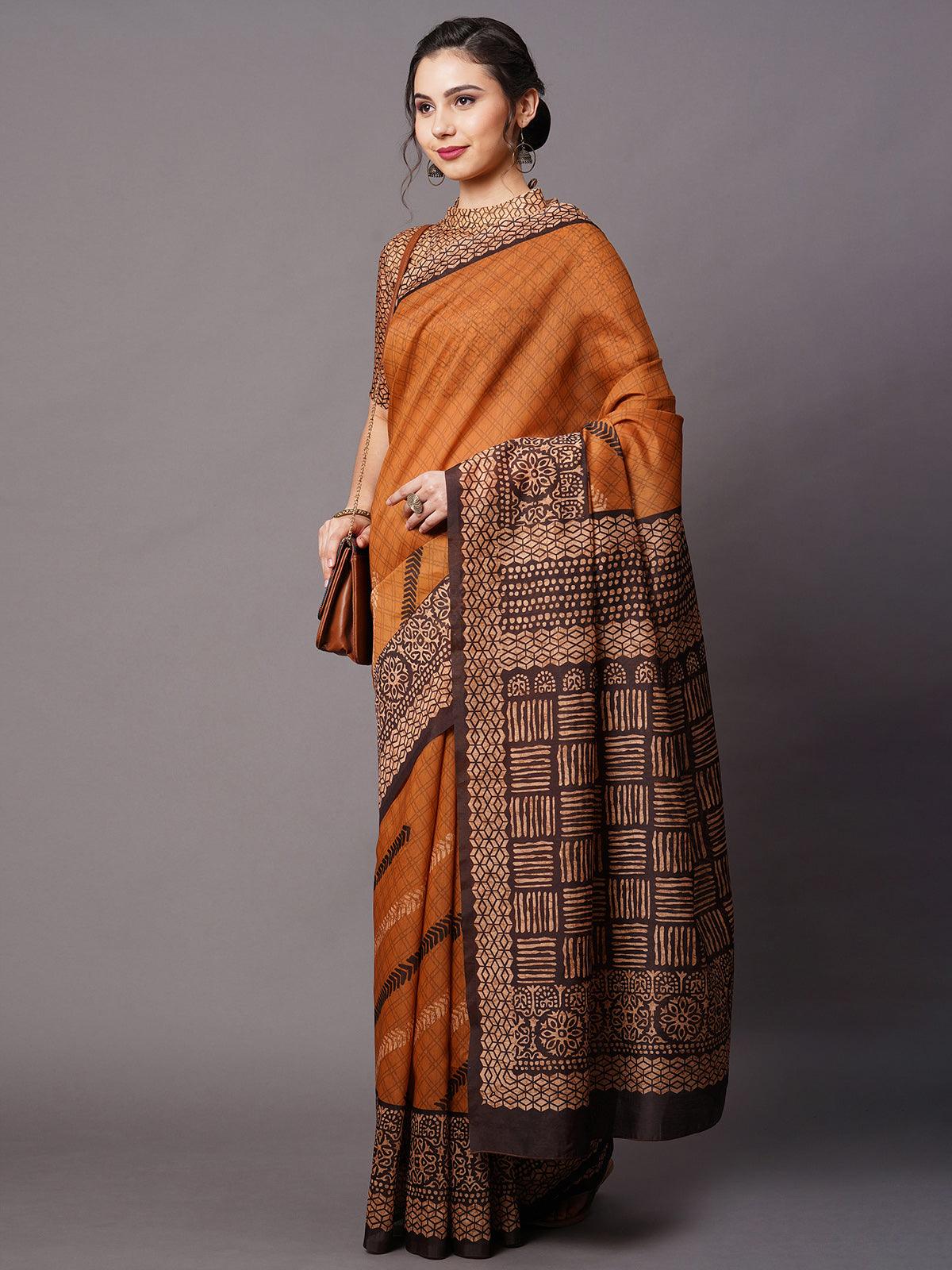 Women's Mustard Festive Bhagalpuri Silk Printed Saree With Unstitched Blouse - Odette