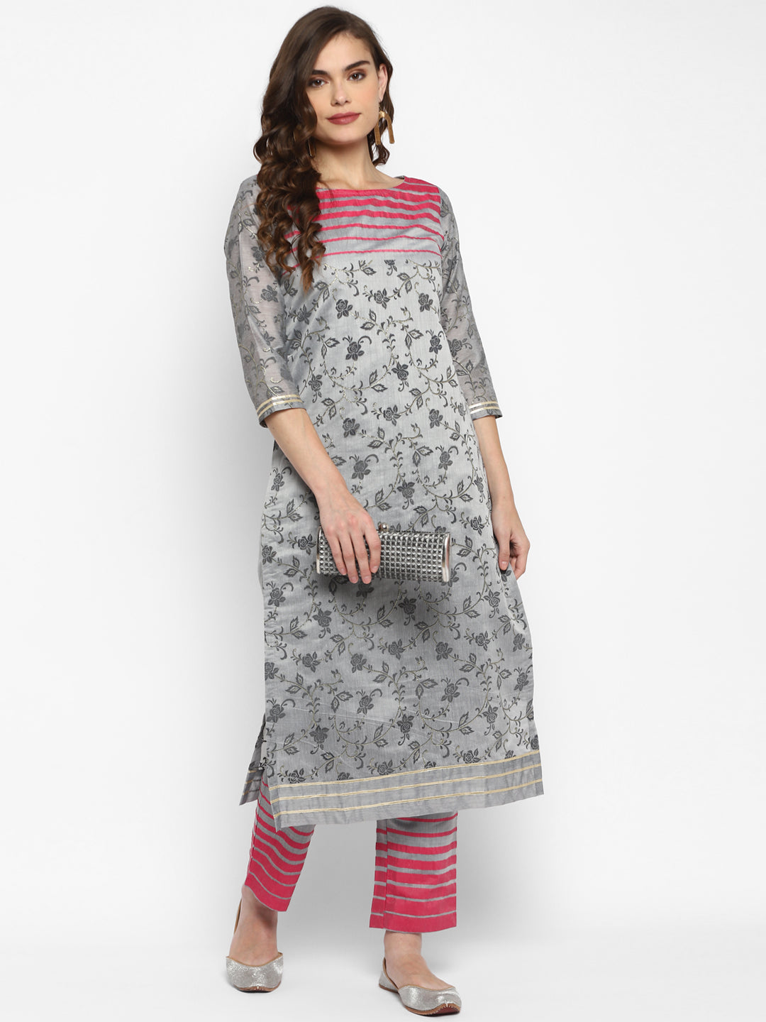 Women's Grey Color Chanderi Silk Straight Printed Kurta Pant Set - VAABA