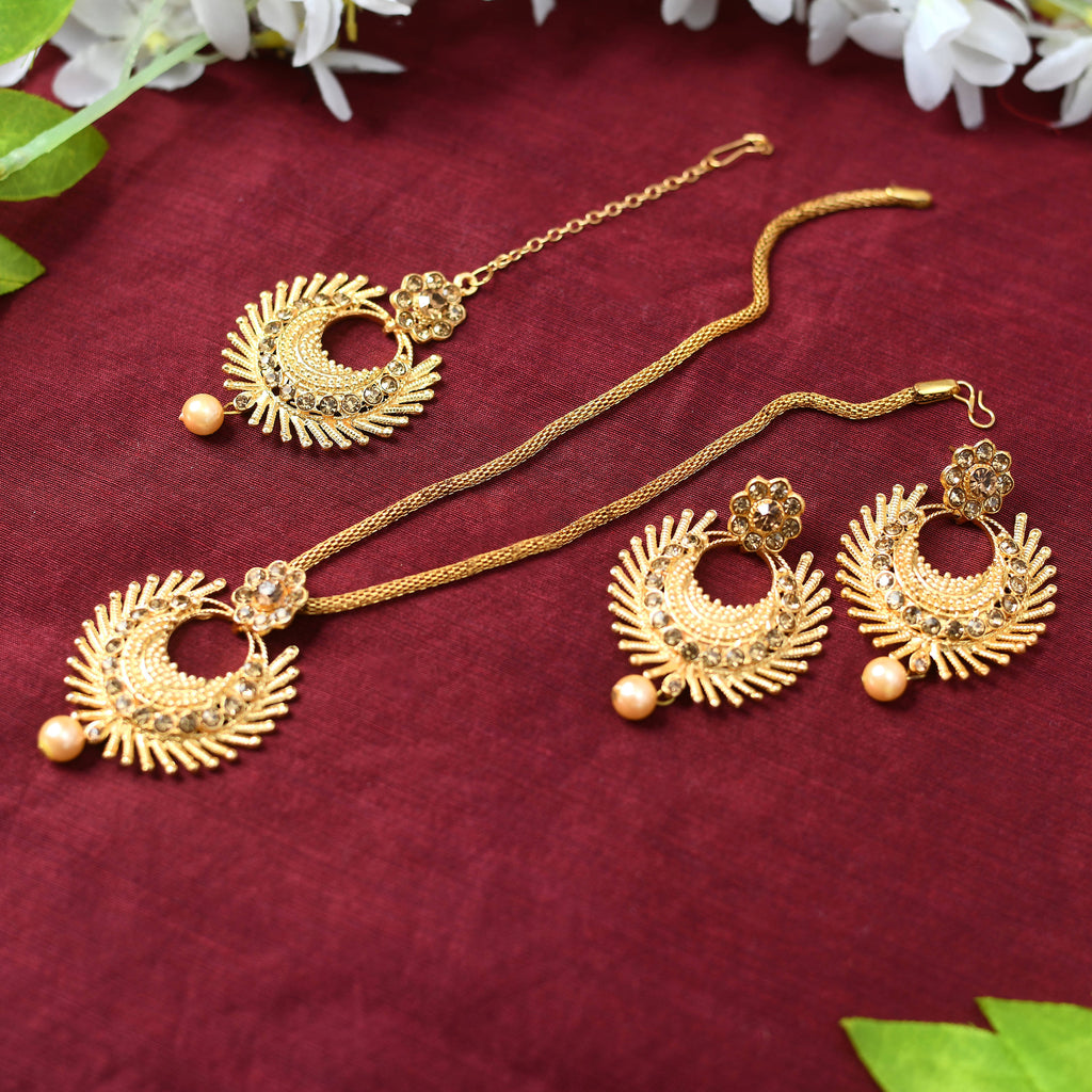 Kamal Johar Gold-Plated Necklace with Earrings & Tikka Mangal