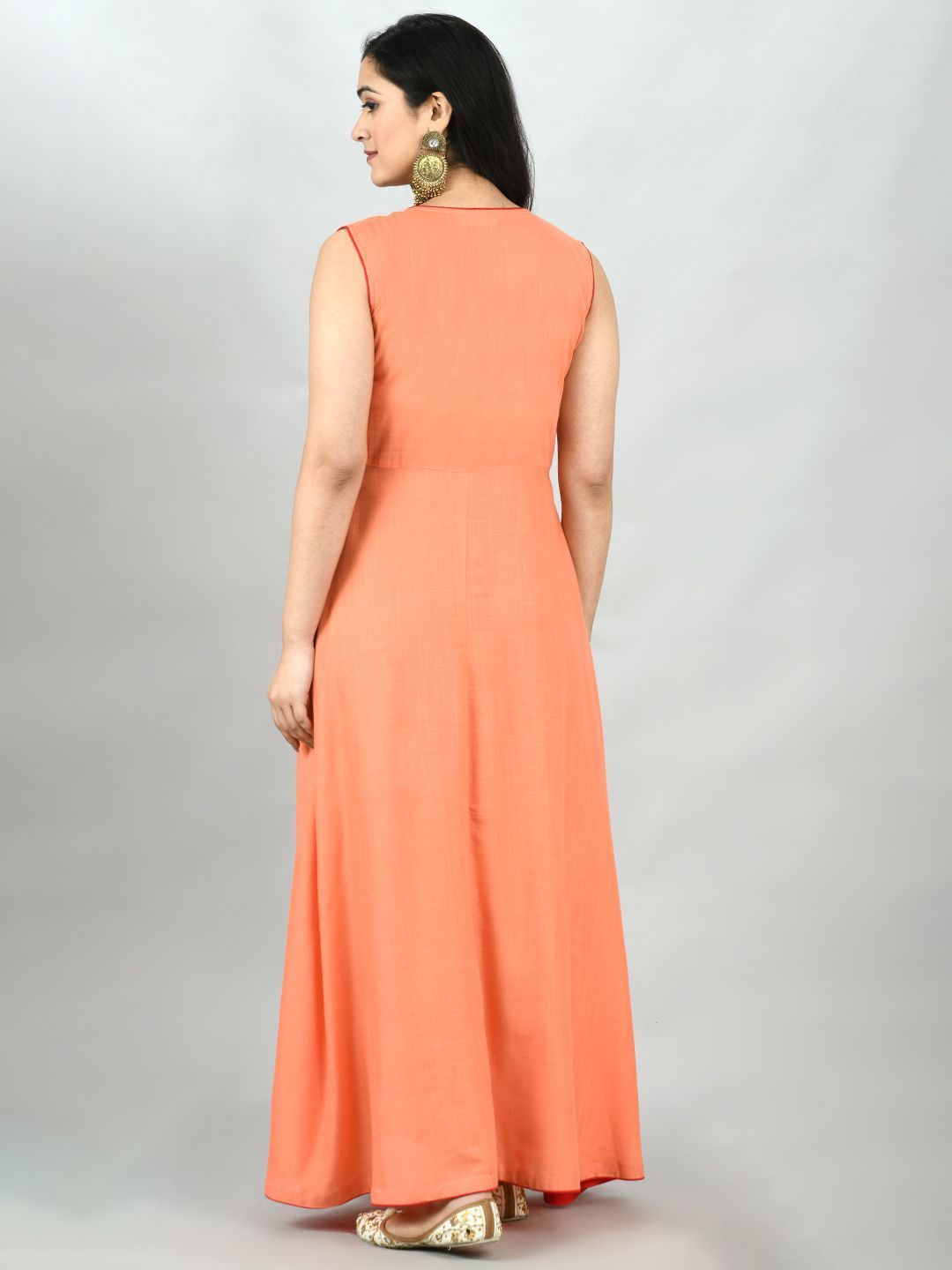 Women's Peach Cotton Solid Sleeveless Round Neck Casual Kurta Dupatta Set - Myshka