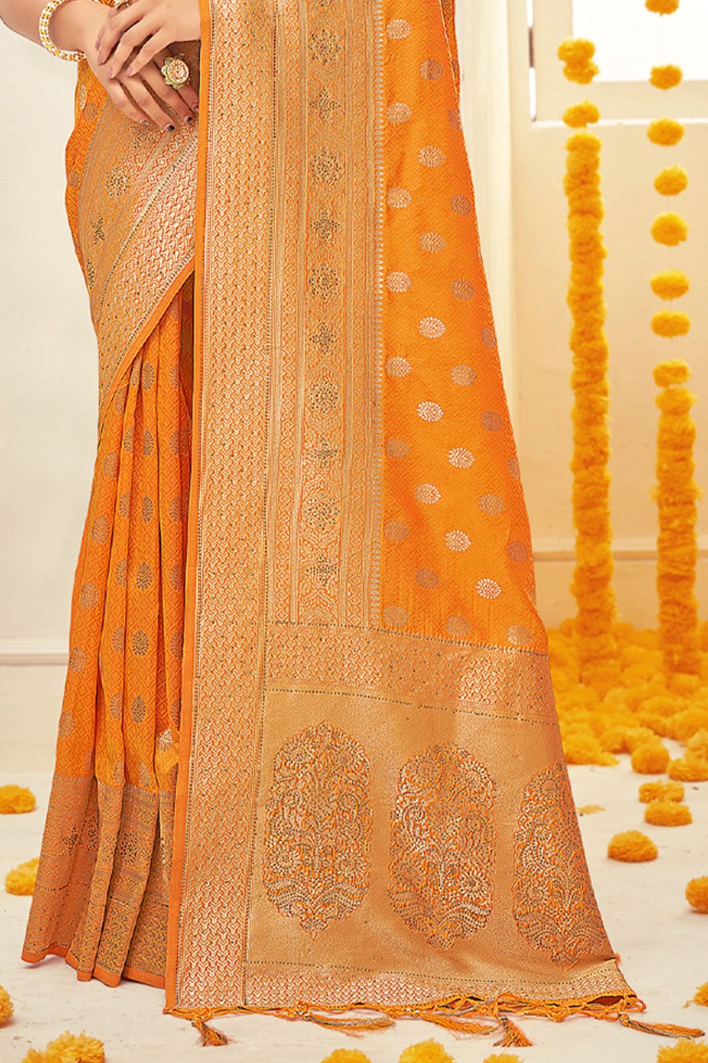 Women's Mustard Silk Woven Zari Work Traditional Tassle Saree - Sangam Prints