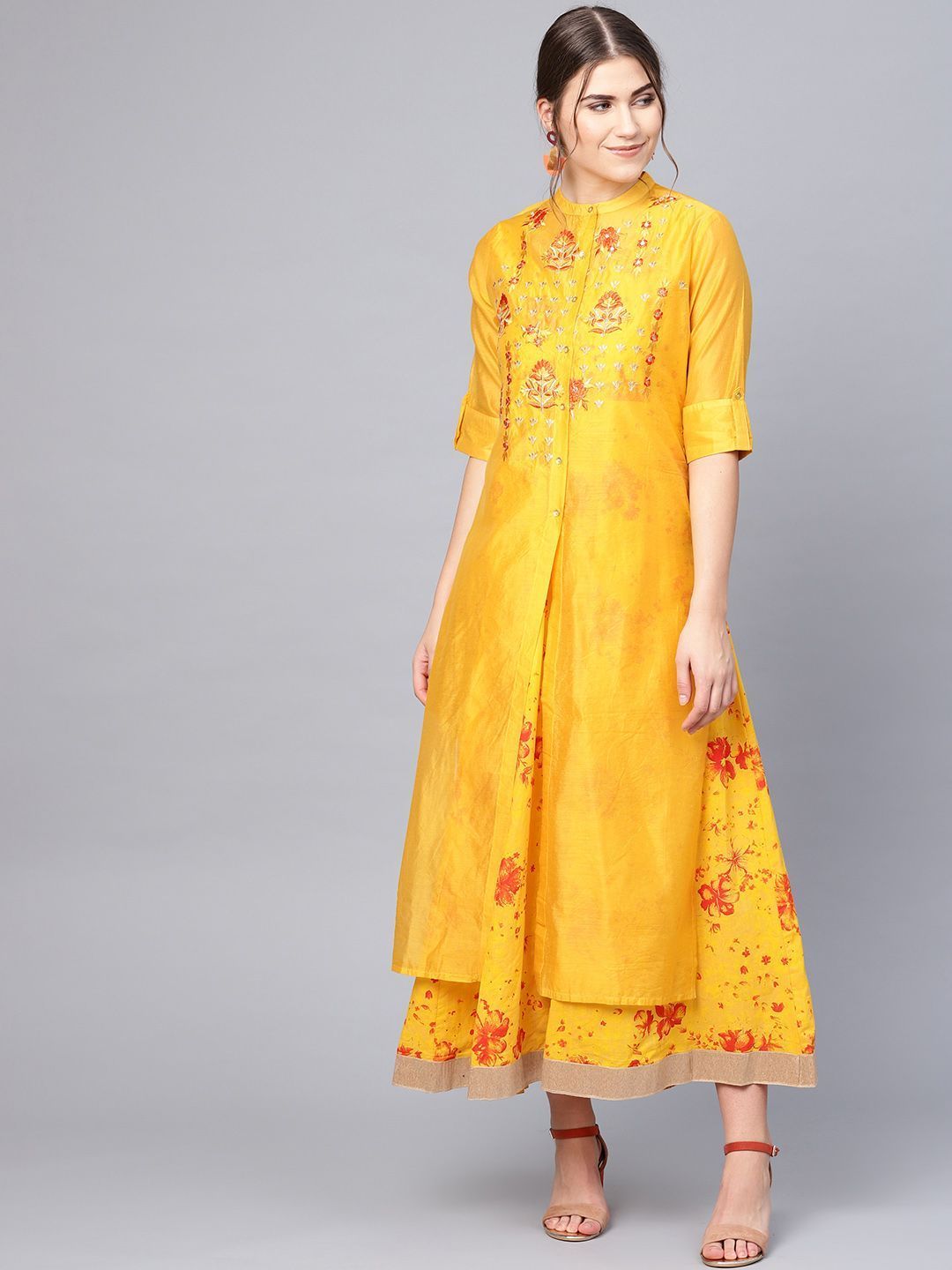 Women's Mustard Chanderi Embroidered 2 Piece Kurta Dress - Juniper