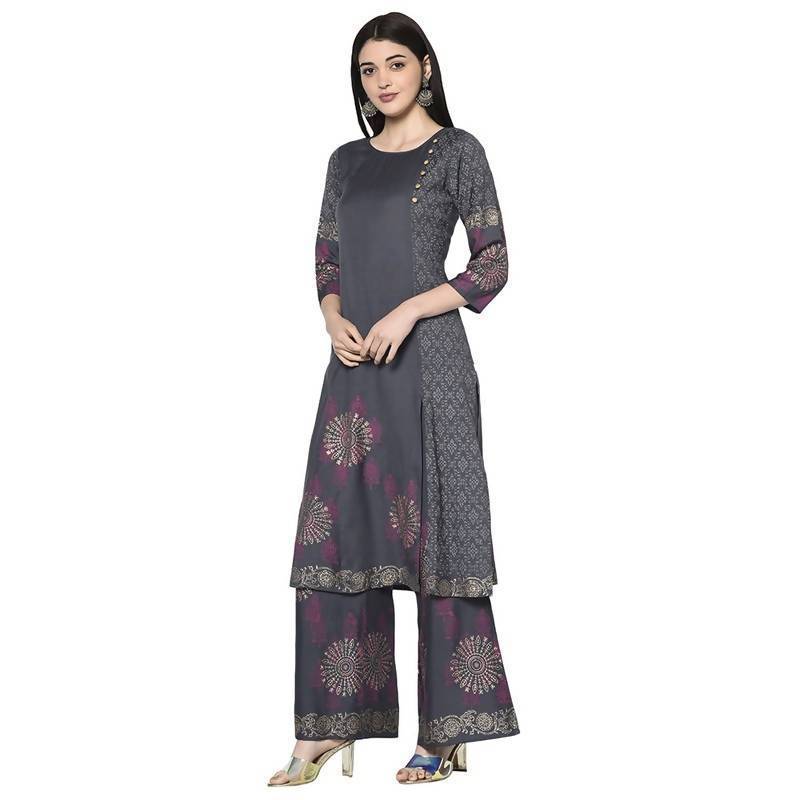 Women's Dark grey Rayon Block print straight kurta Palazzo set