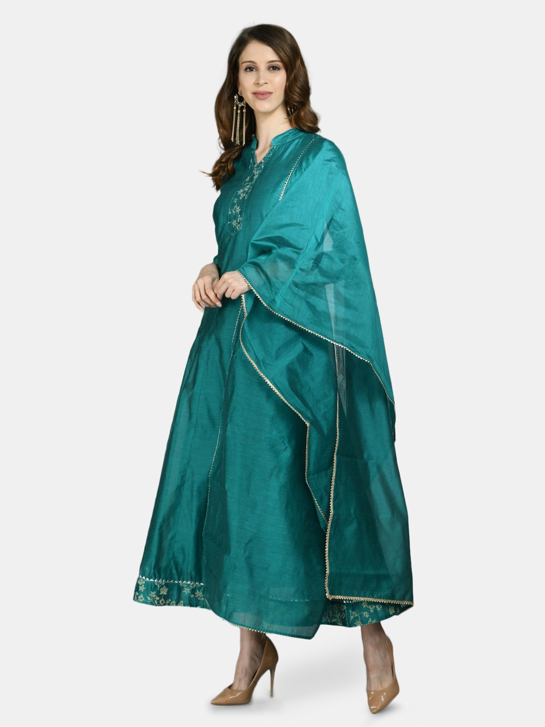 Women's Green Chanderi Silk Solid 3/4 Sleeve Mandarin Neck Casual Anarkali Kurta Dupatta Set - Myshka