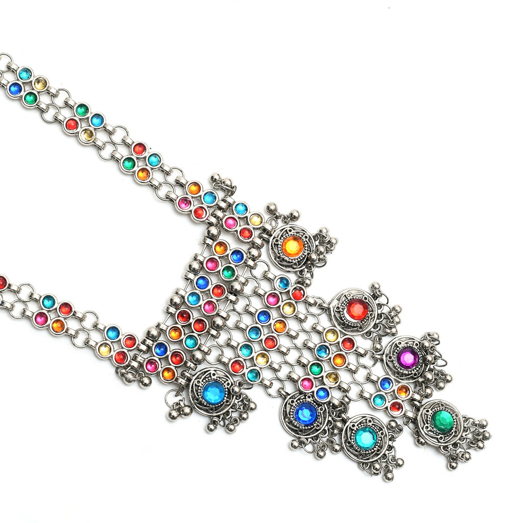 Kamal Johar Silver-Plated Multi Color Kundan Necklace with Ear