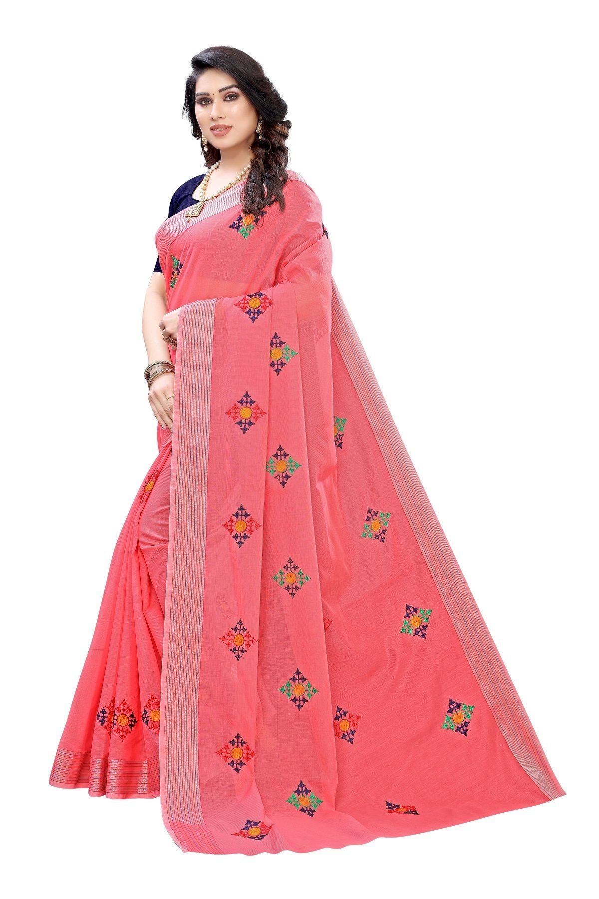 Women's Vamika Chanderi Cotton Embroidery Red Saree-Dixa Red - Vamika
