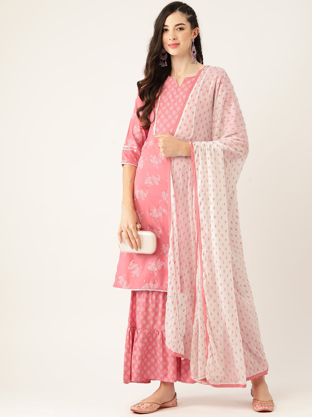 Women's Pink Color Rayon Blend Printed Straight Kurta Sharara With Dupatta - VAABA