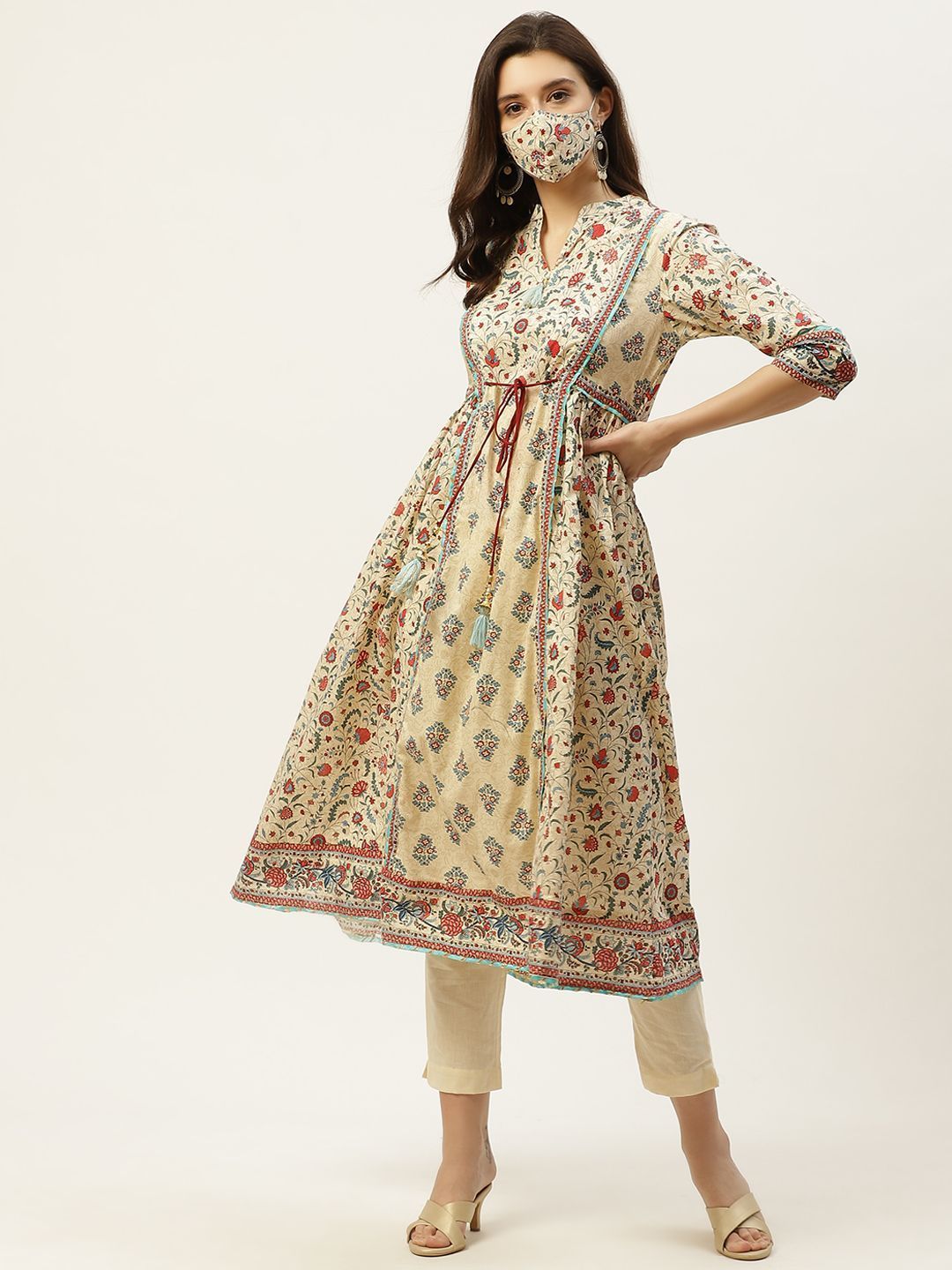 Women's Floral Printed Panelled Kurta With Mask - Juniper