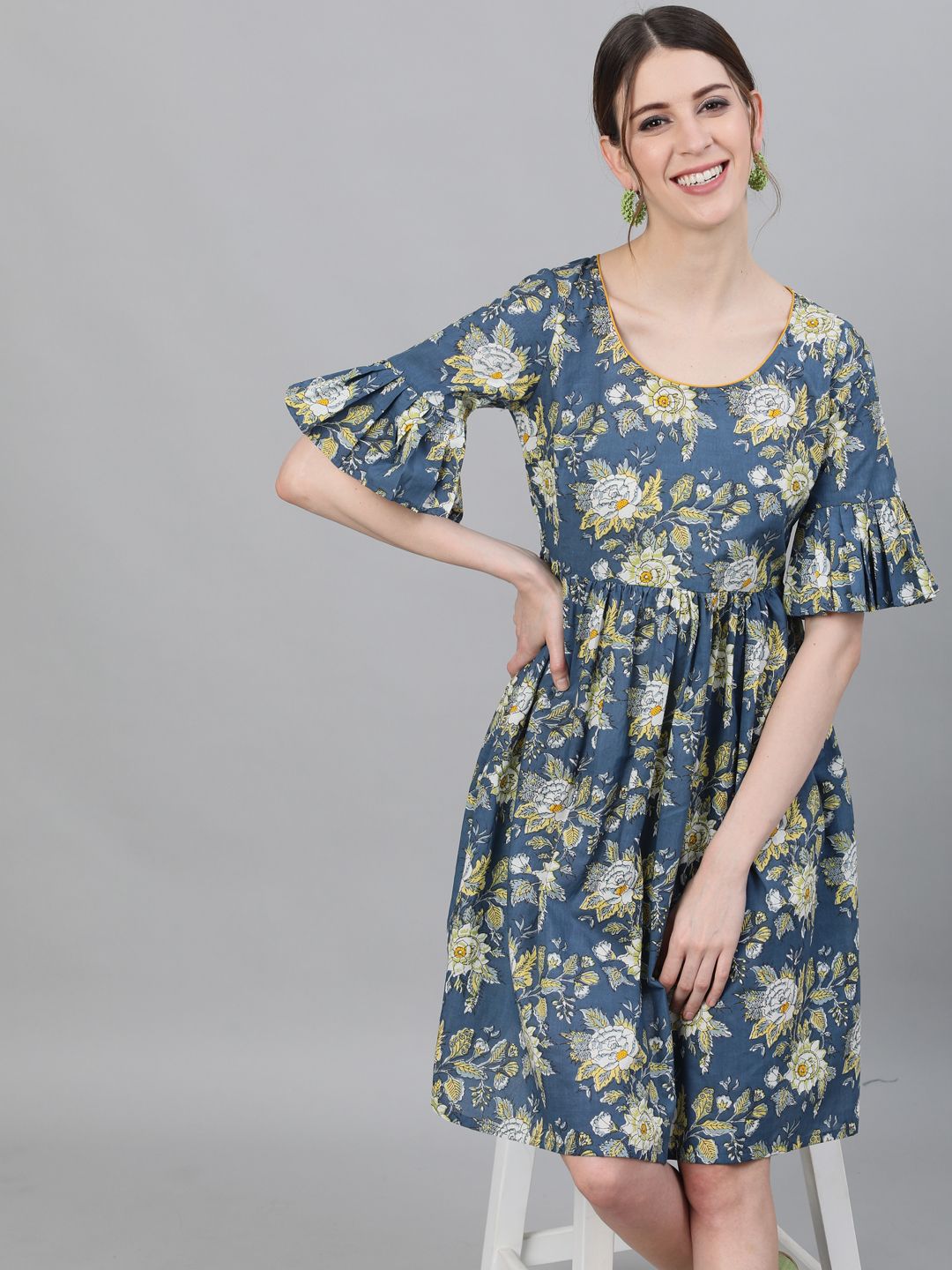 Women's Floral Printed Dress With Ruffle Sleeves - AKS