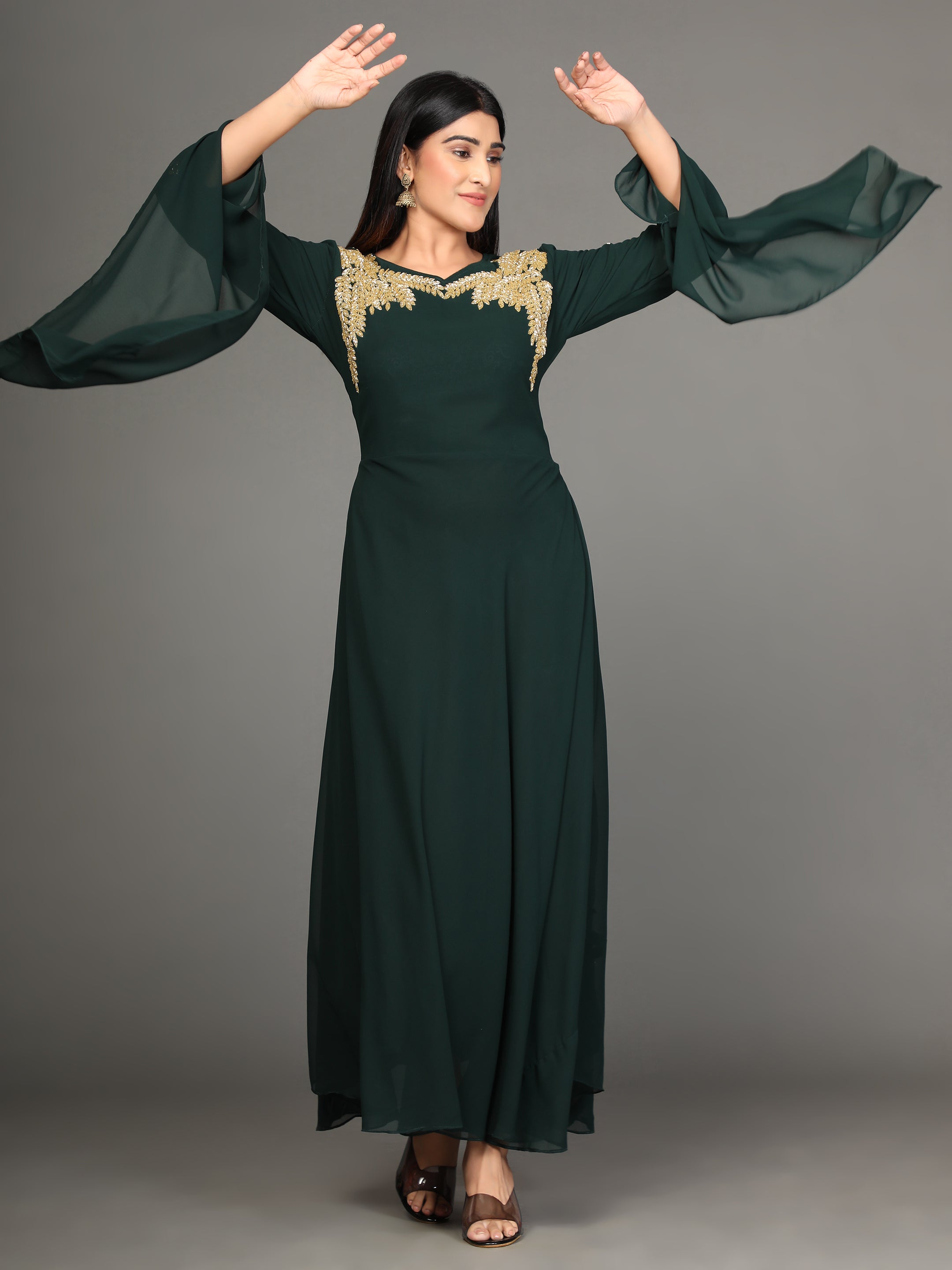 Women's Green Flared Georgette Gown - Noz2Toz