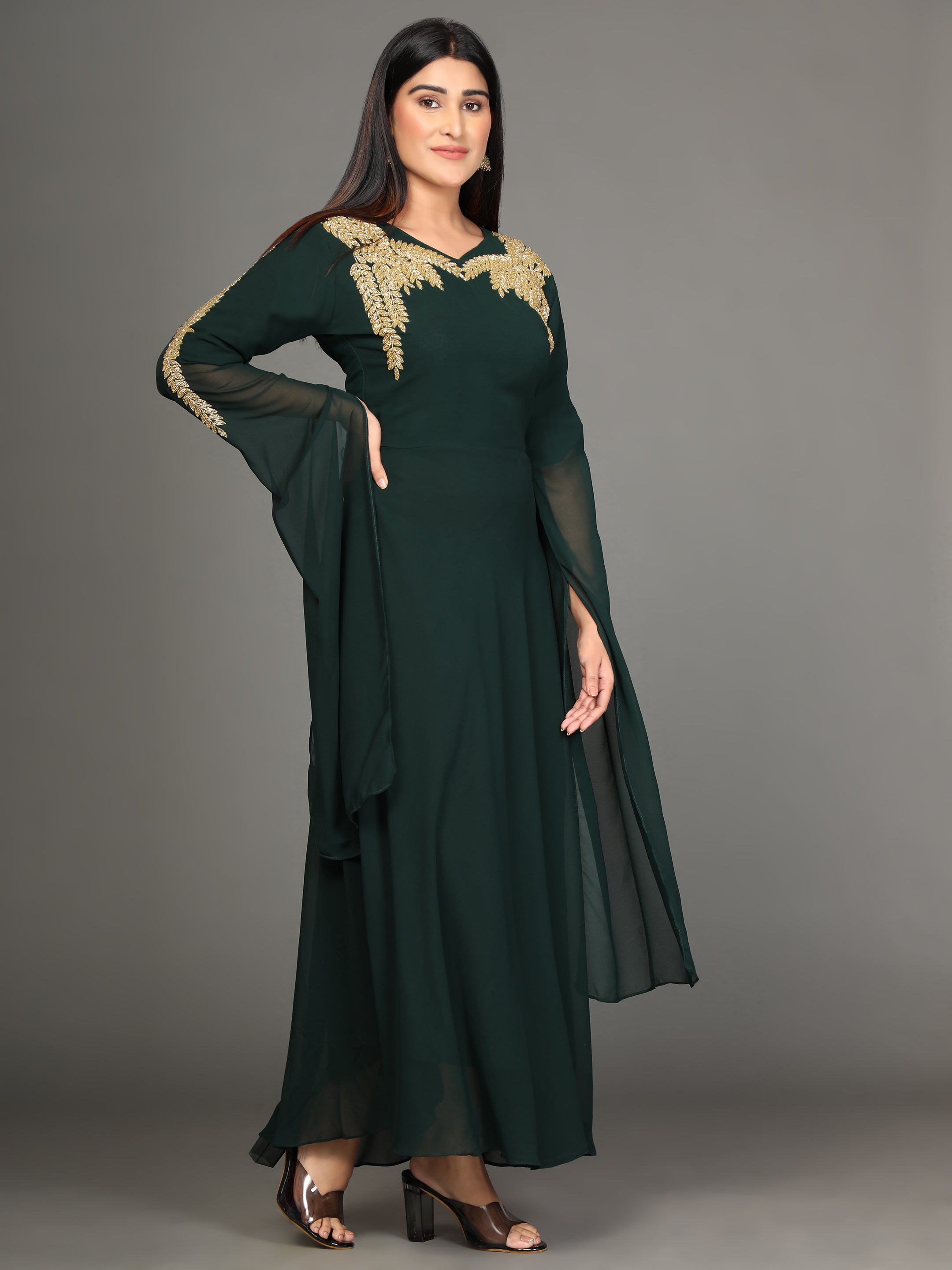 Women's Green Flared Georgette Gown - Noz2Toz