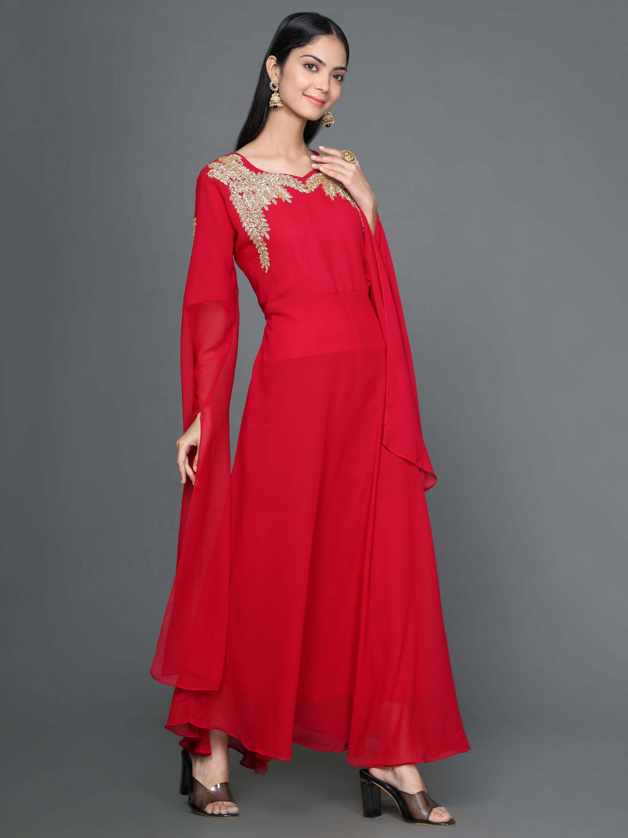 Women's Red Flared Georgette Gown - Noz2Toz