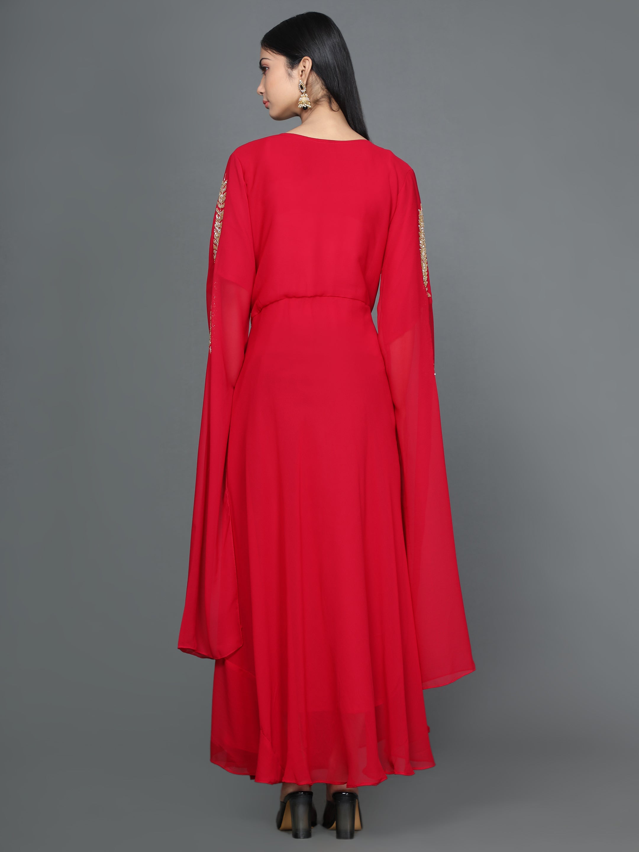 Women's Red Flared Georgette Gown - Noz2Toz