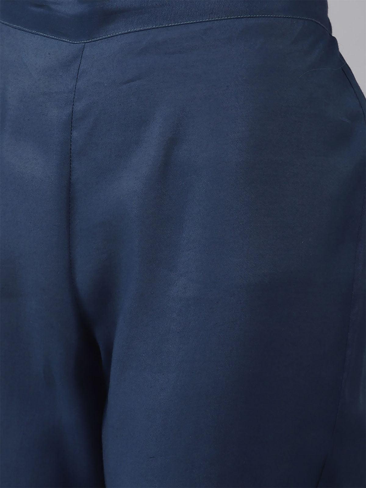 Women's Navy Blue A-Line Kurta Trouser With Dupatta Set - Odette