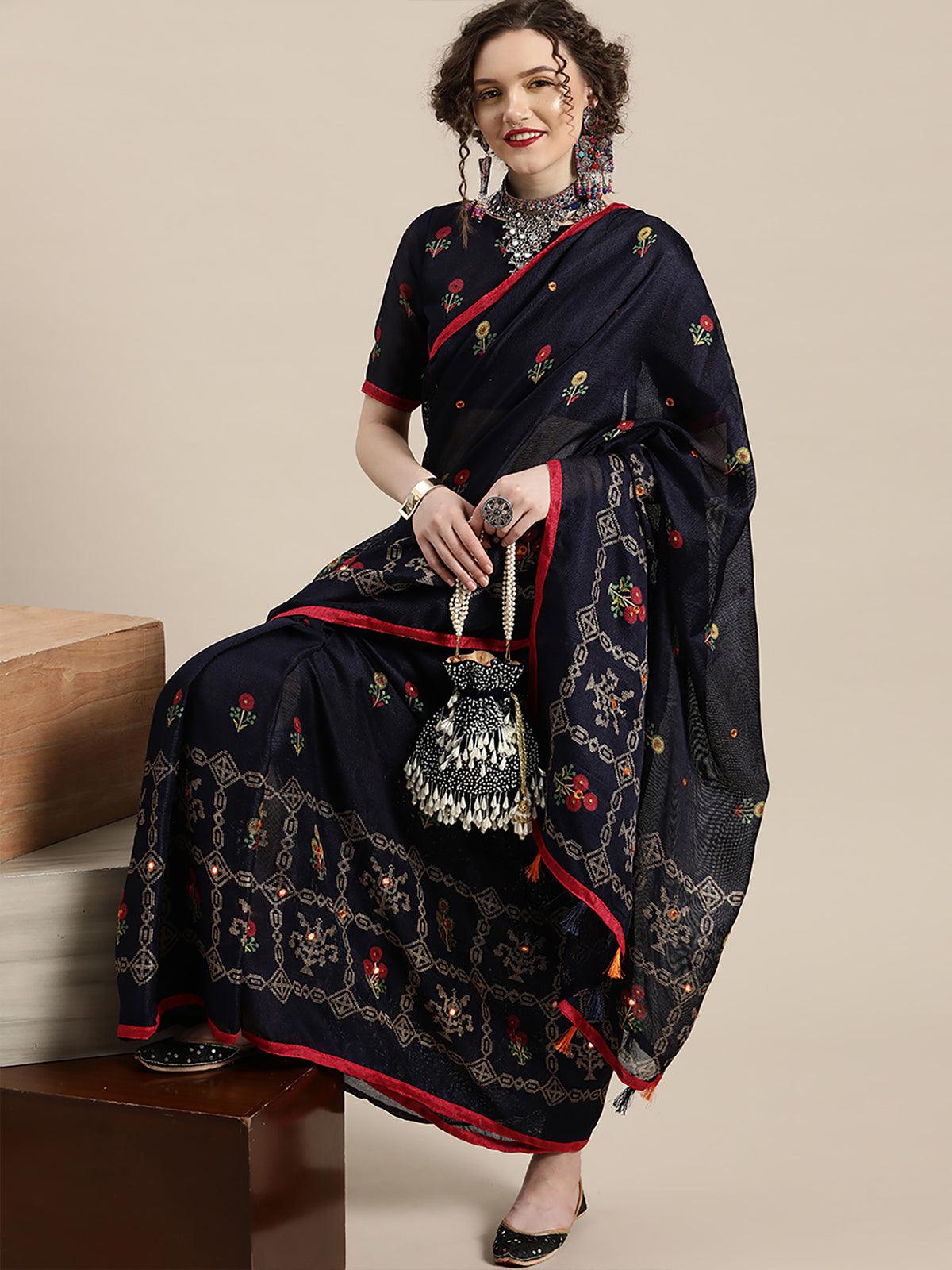 Women's Navy Blue Casual Jute Silk Printed Saree With Unstitched Blouse - Odette