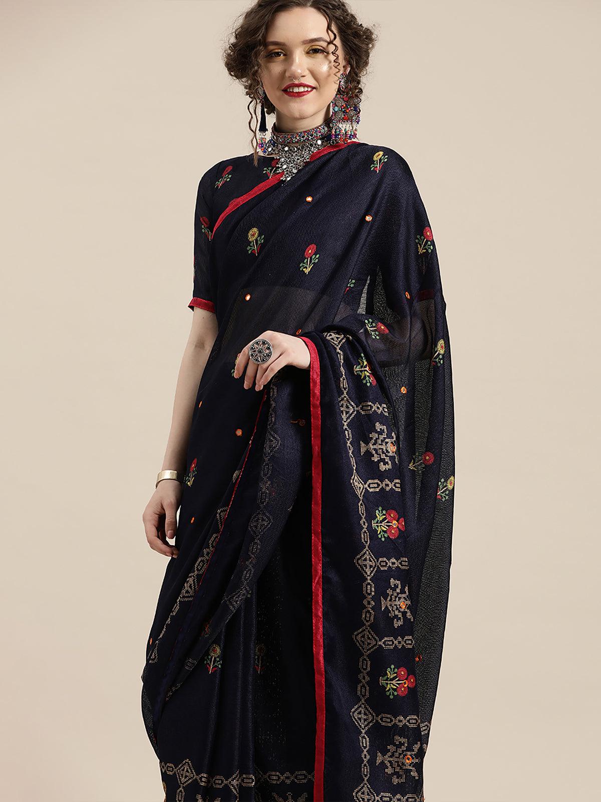 Women's Navy Blue Casual Jute Silk Printed Saree With Unstitched Blouse - Odette