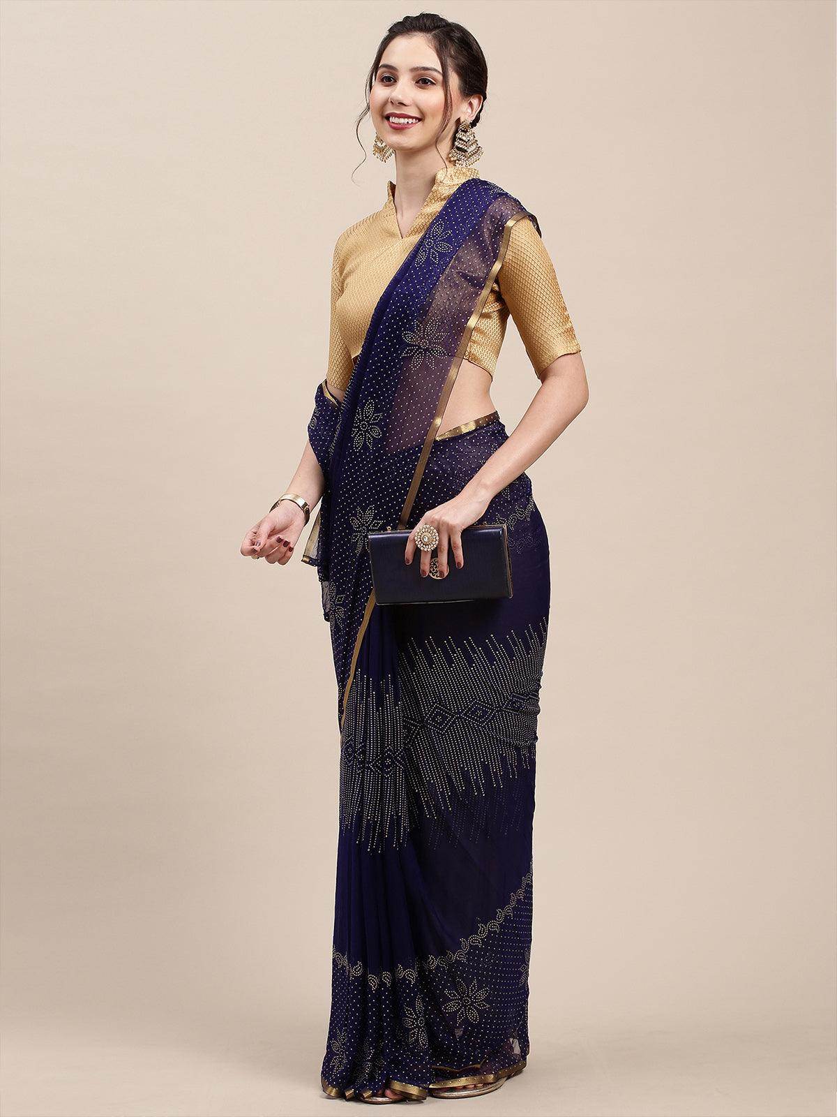 Women's Navy Blue Chiffon Woven Border Saree With Unstitched Blouse - Odette