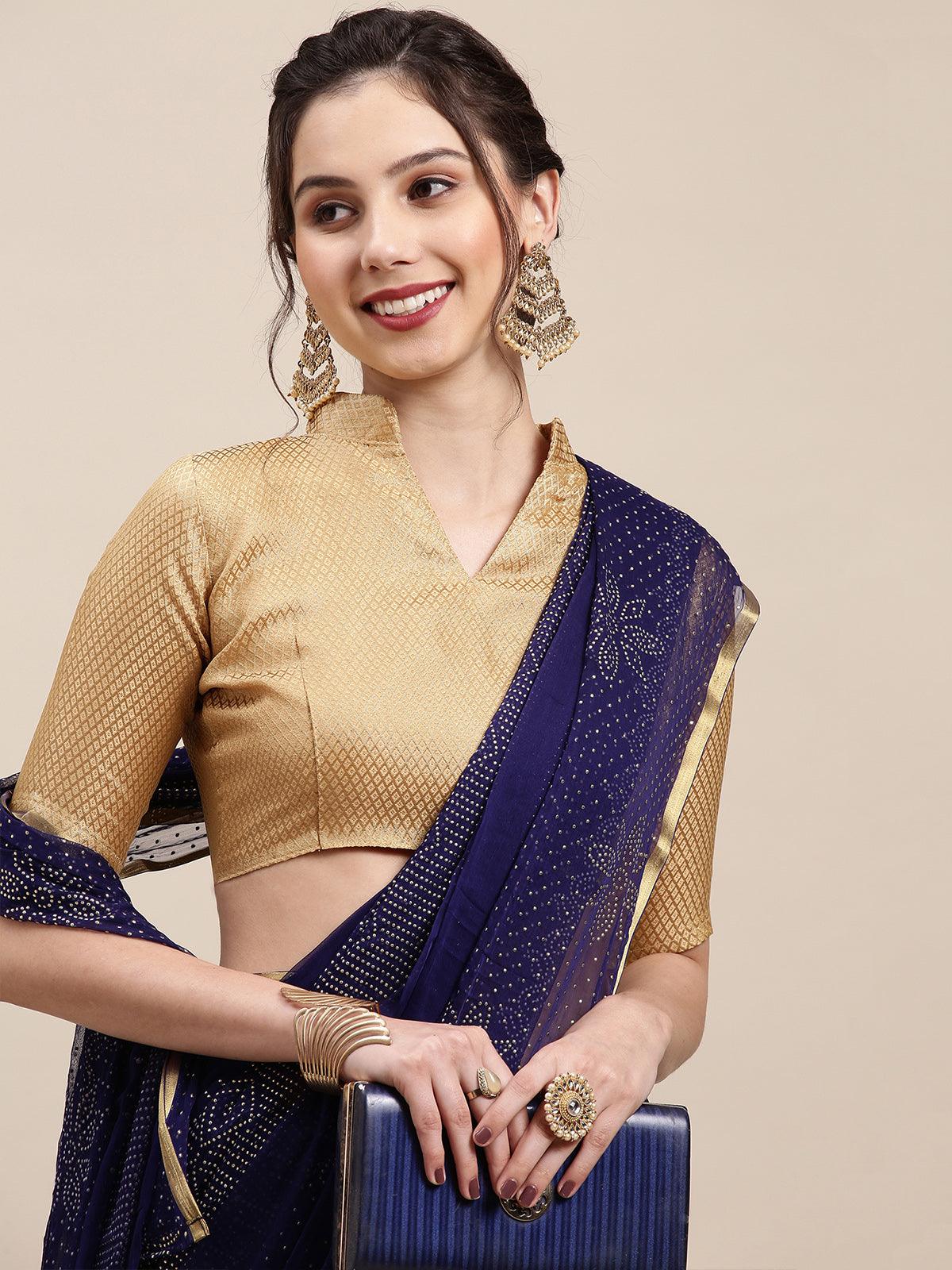 Women's Navy Blue Chiffon Woven Border Saree With Unstitched Blouse - Odette