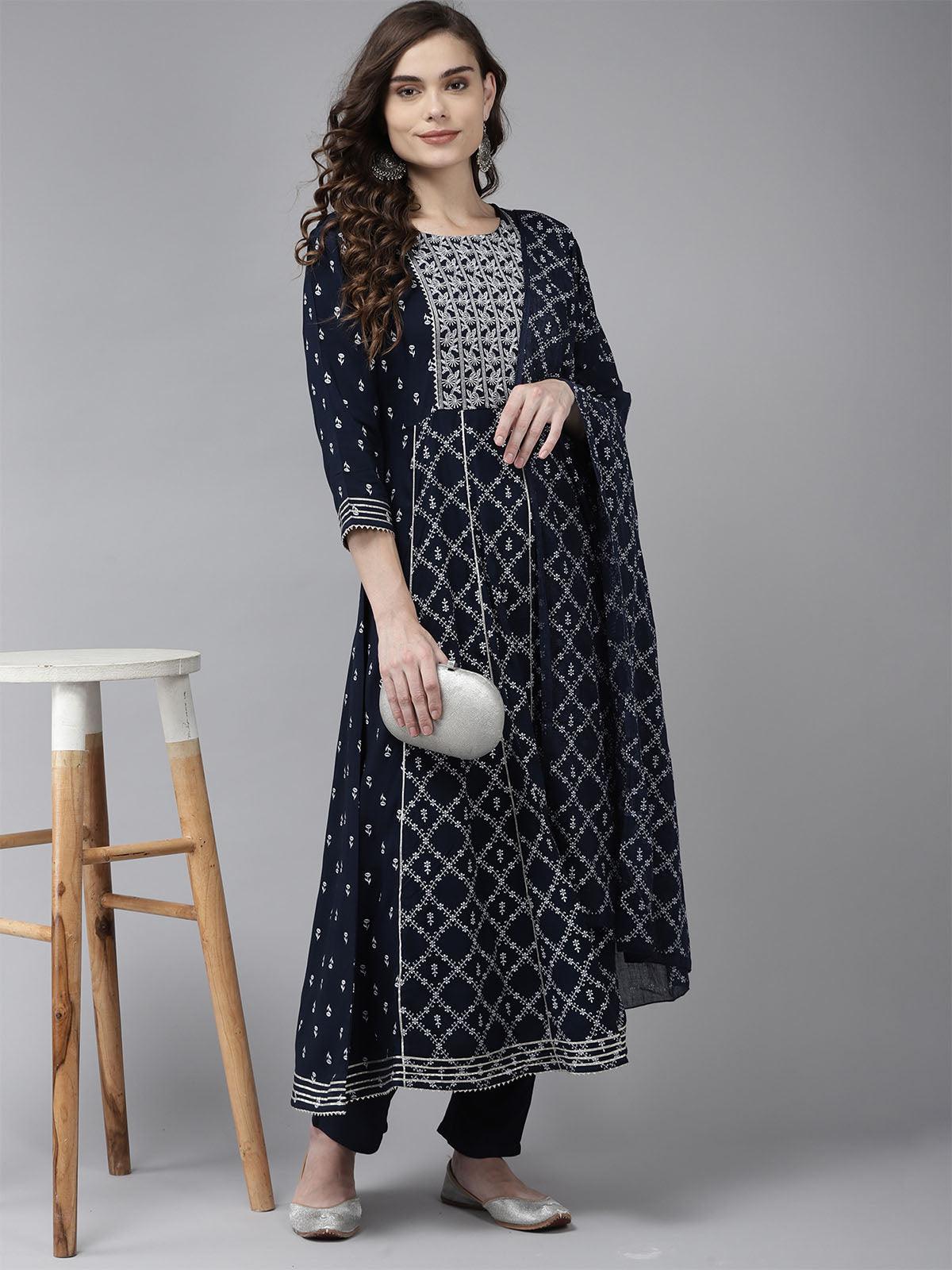 Women's Navy Blue Embroidered A-Line Kurta Trouser With Duapatta Set - Odette