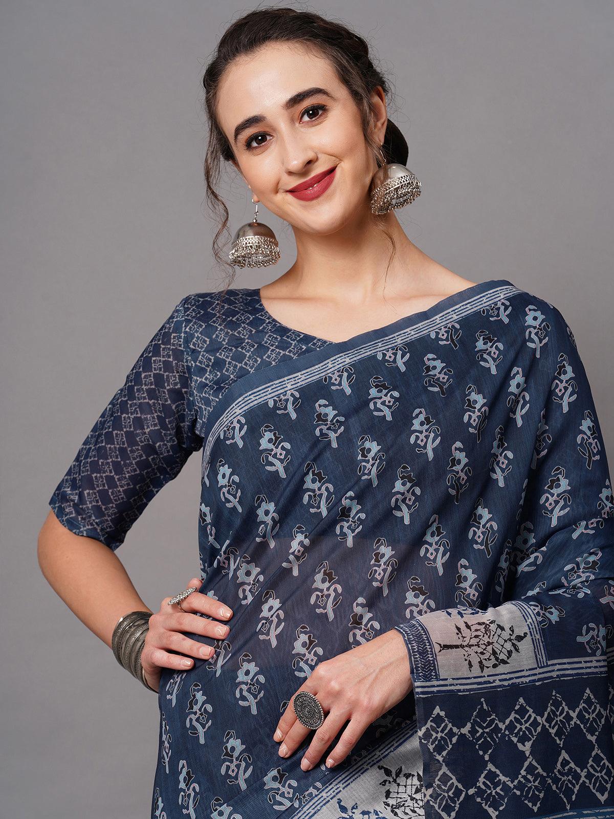 Women's Navy Blue Festive Bhagalpuri Silk Printed Saree With Unstitched Blouse - Odette